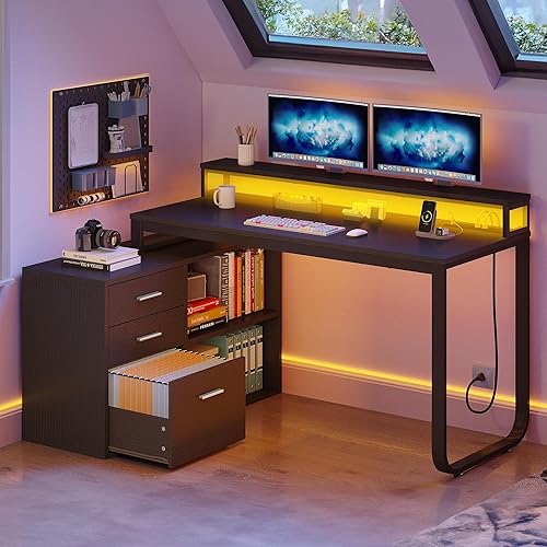 DWVO Escritorio en forma de L con cajones, escritorio de esquina de 55 pulgadas con tomas de corriente y luces LED, escritorio de oficina en casa