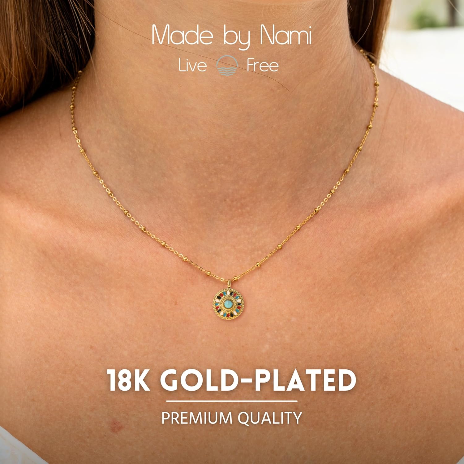 Made by Nami Sunburst Mandala Pendant Necklace for Women Gold Plated Adjustable Chain with Turquoise Center Colorful Boho Medallion Necklace Dainty Layered Jewelry Gift - Image 3