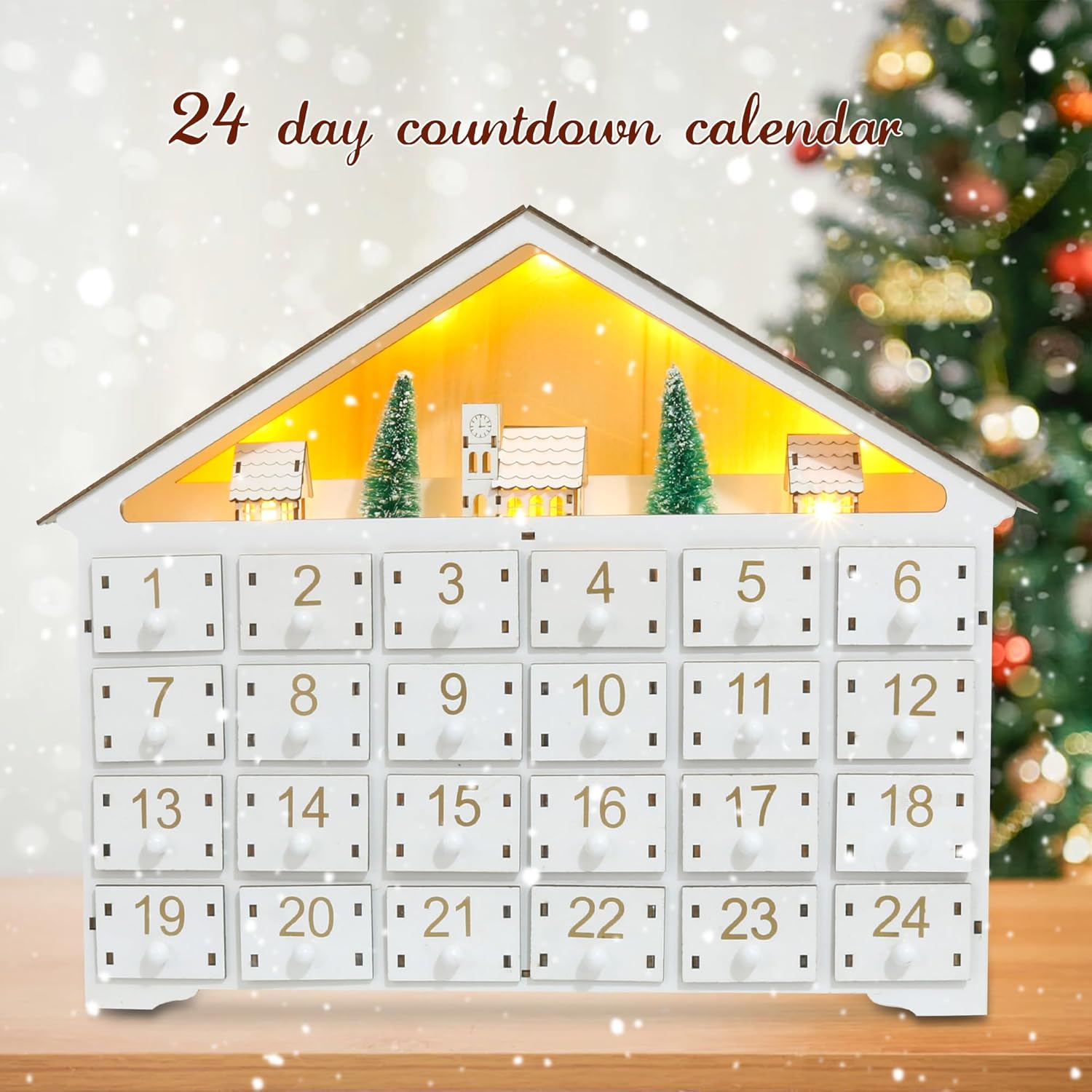 BLACICO Wooden Advent Calendar with Drawers, 24 Wood Drawers, Empty Boxes to Fill, White Wooden House Countdown to Christmas Wooden LED Lighted Advent Calendar, Decorative Fold Out Wood Advent Calendar for Kids