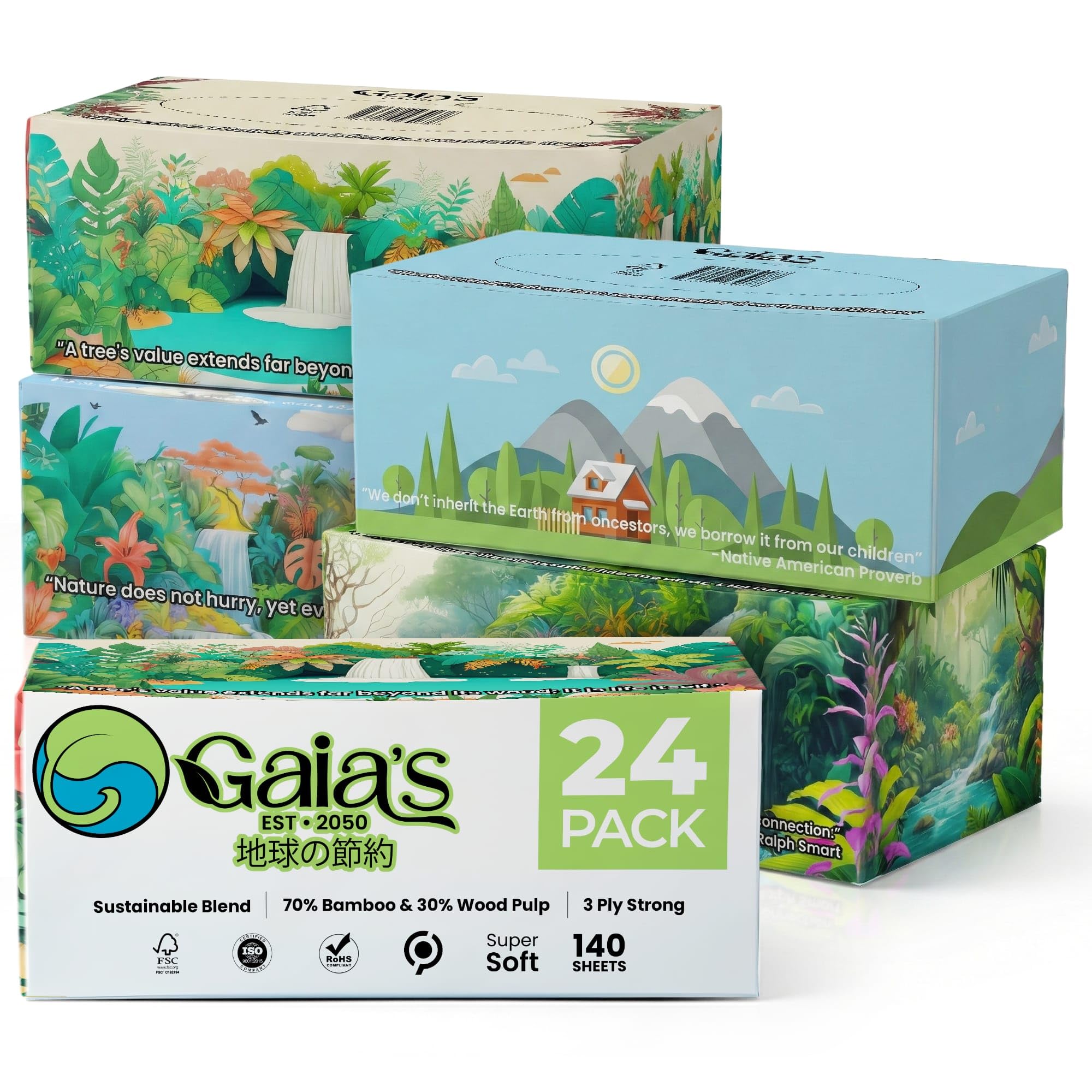 Gaias Premium 3 Ply Facial Tissues, Strong and Soft, 140 Sheets (3360 Sheets - 24 Pack) Made From Bamboo, Zero Plastic Packaging, Eco-Friendly,