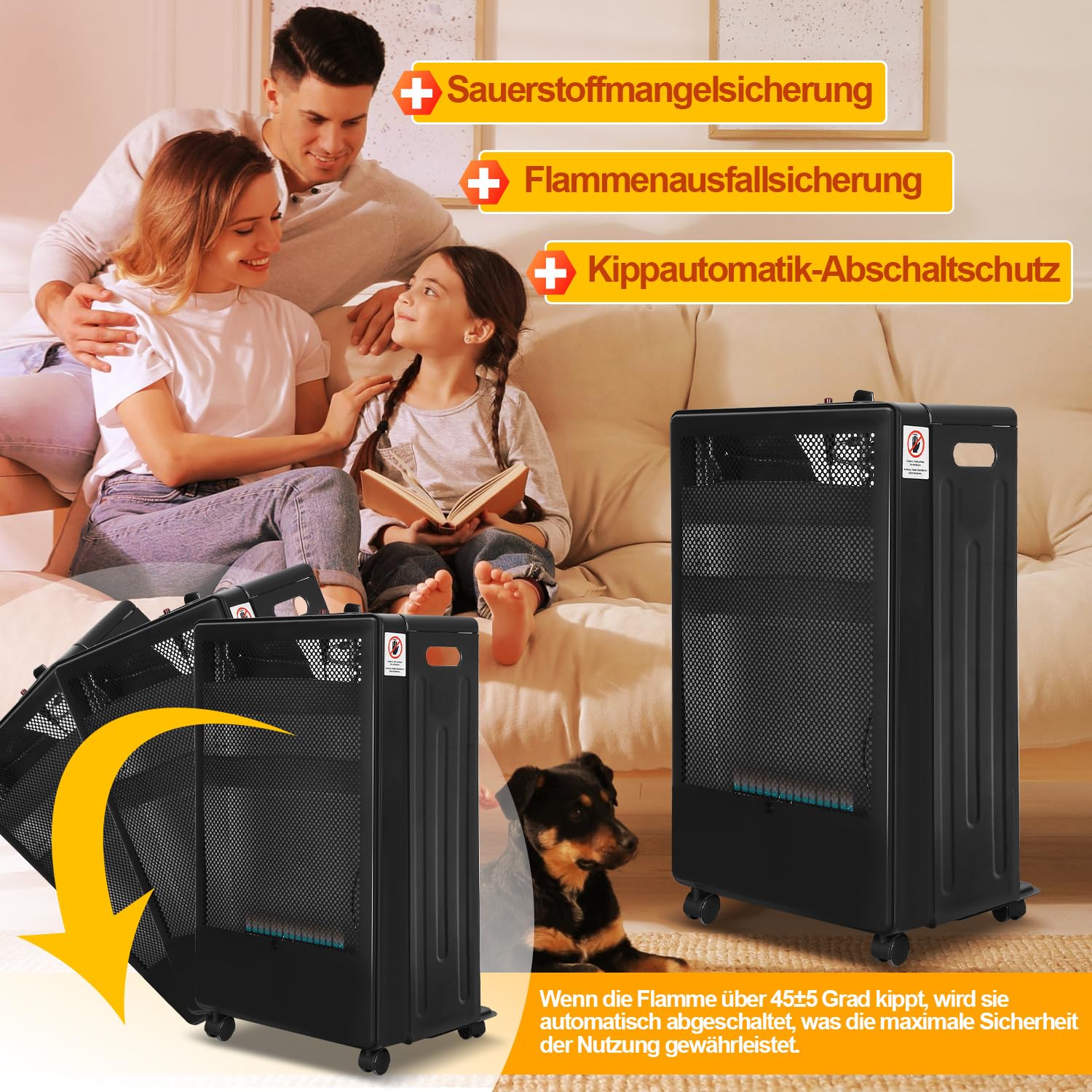 Grzejnik gazowy do wnętrz, 2 stopnie ogrzewania, 2200 i 3800 W, pojemność grzewcza do 80 metrów sześciennych, do butli gazowych do 15 kg, niebieski płomień, palnik ze stali nierdzewnej