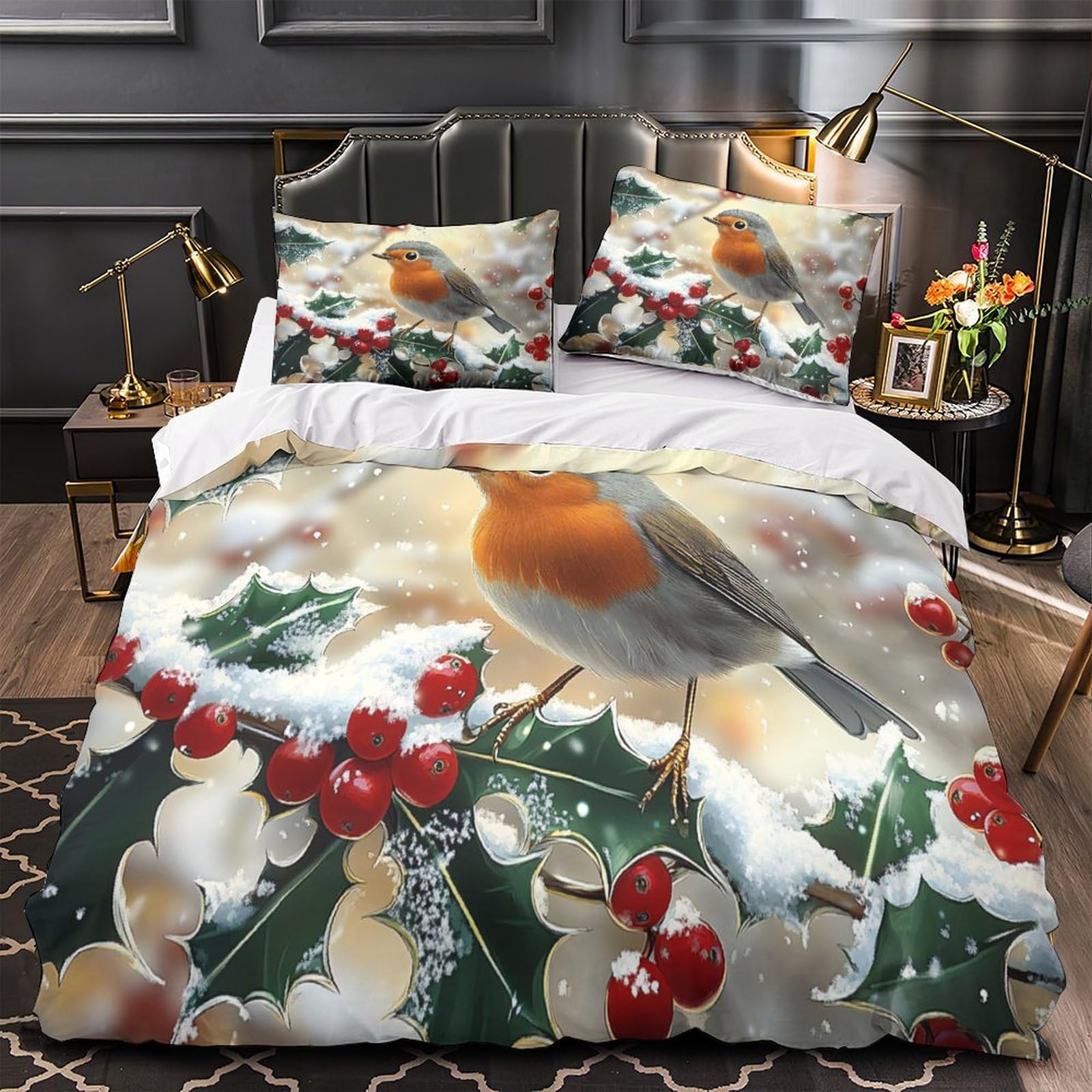 Parure de lit oiseau de Noël pour chambre d'enfant lit simple hiver cocooning