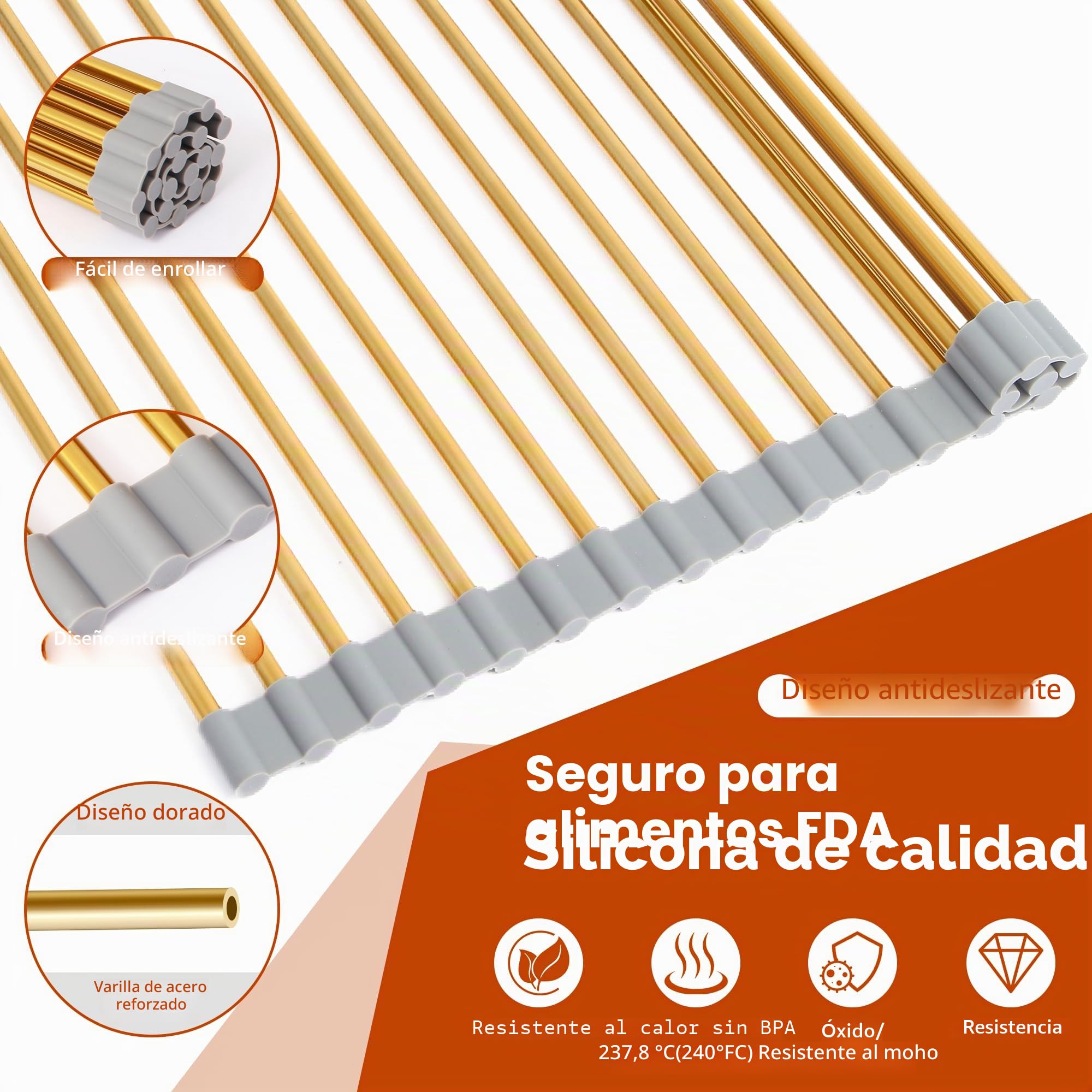 Escurridor de Platos Enrollable Dorado Grande – Secaplatos de Acero Inoxidable
