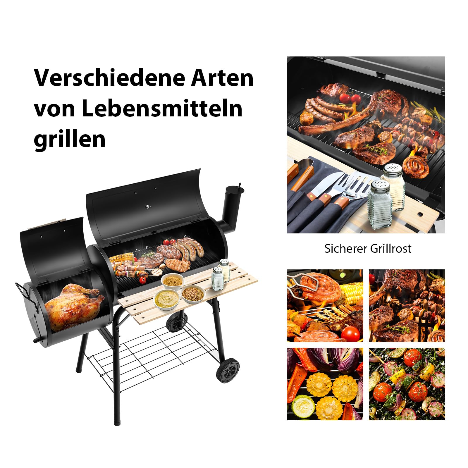 COSTWAY Grill na węgiel drzewny z pokrywką, wędzenie 2 w 1, grill na kółkach z kółkami, boczne palenisko, stół boczny, regał, uchwyty drewniane, termometr, grill na węgiel drzewny, na kemping, taras