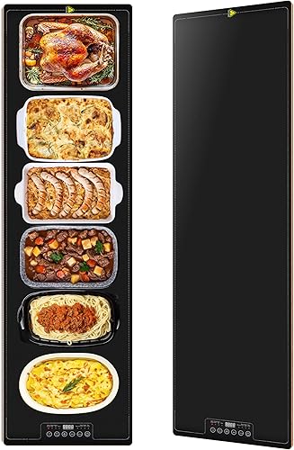 Miniatura 8 de Bandeja de calentamiento de alimentos para bufé de fiestas, 40"x14" extra grande larga con superficie de vidrio, tapete calentador eléctrico con 9