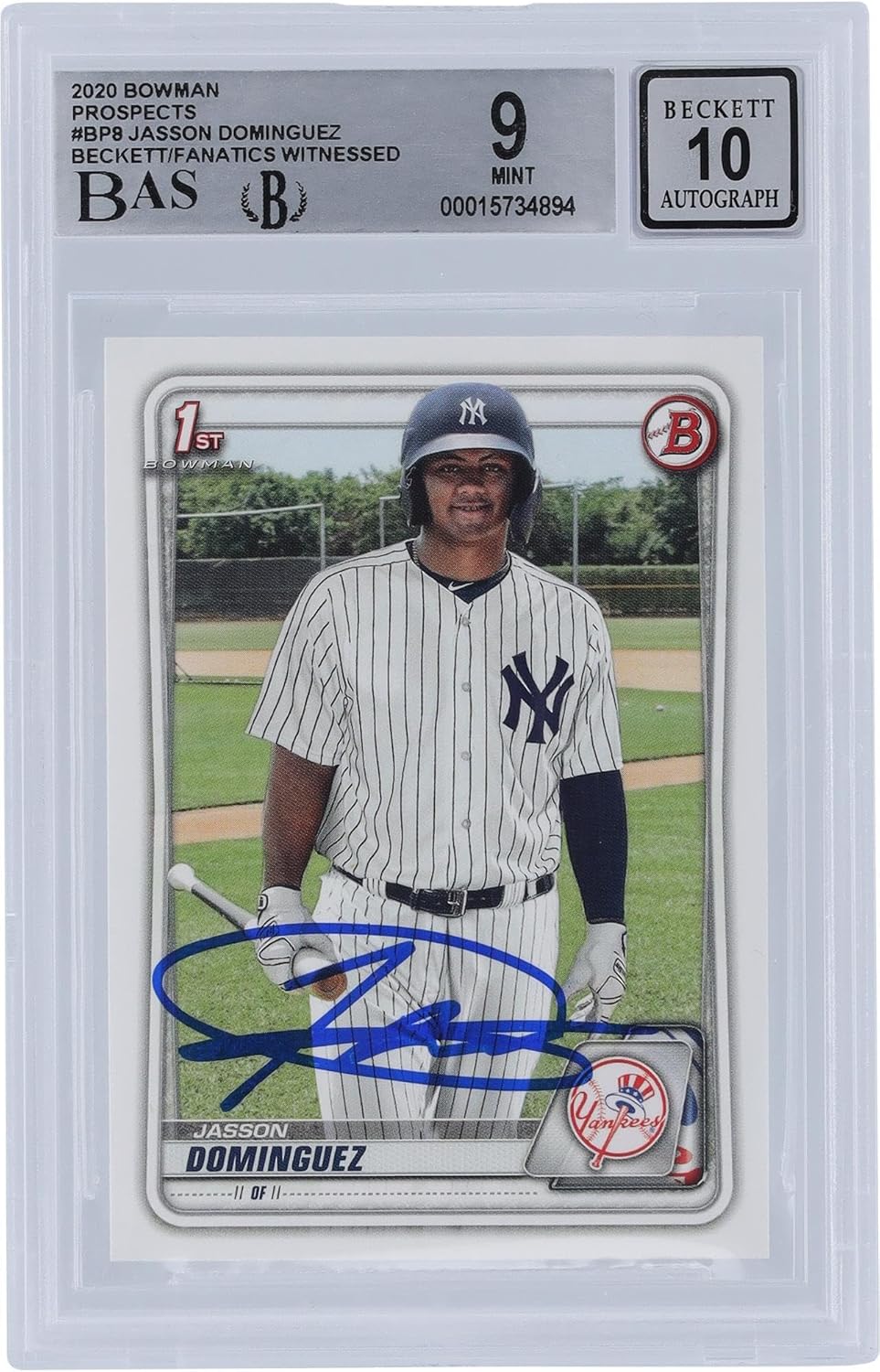 Jasson Dominguez New York Yankees Autographed 2020 Bowman Series 1#BP-8 Beckett Fanatics Witnessed Authenticated 9/10 Rookie Card - Baseball Slabbed Rookie Cards