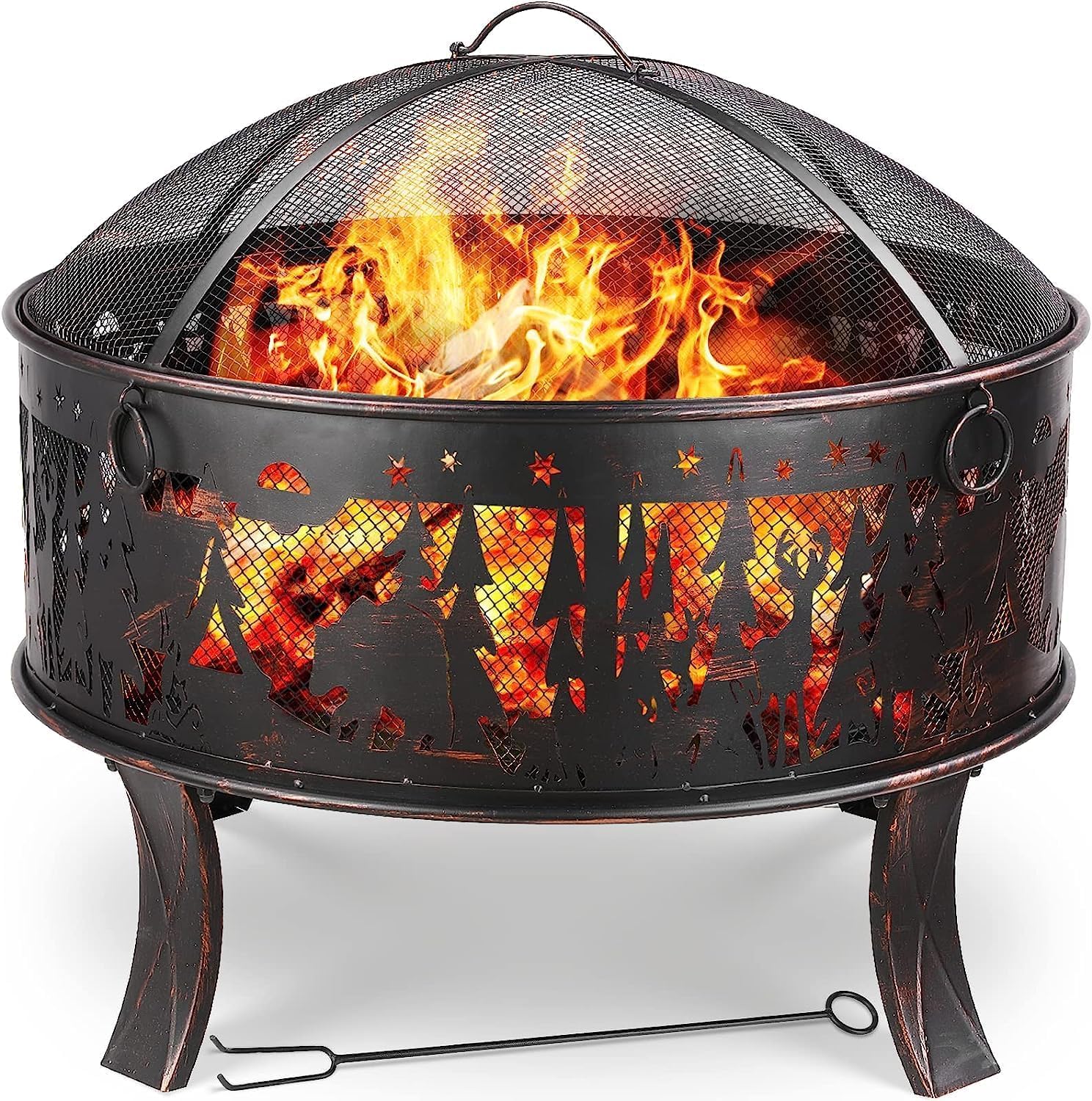 TLGREEN Braciere da giardino, braciere da Esterno con parascintille, stabile, fire pit 71 x 65 cm, con griglia per poker, 4 PCS piede, campeggio, spiaggia, tetto, look retrò, squisito motivo alce