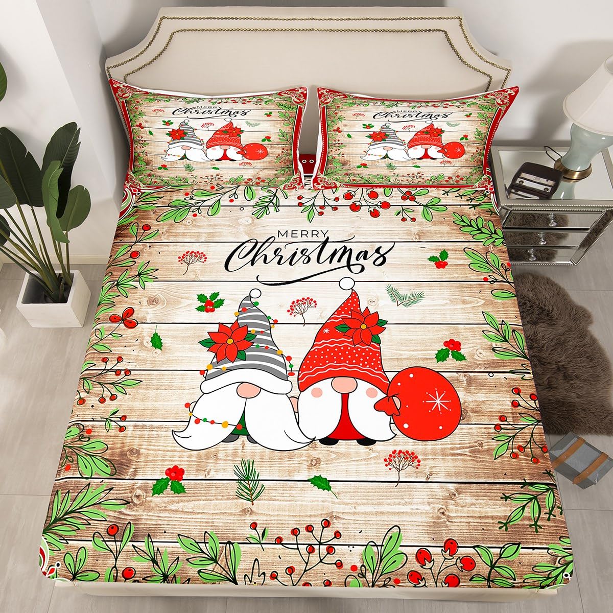 Christmas Gnomes Fitted Sheet King Size, Red Flower Green Leaf Print Bed Cover with 2 Pillowcases, Rustic Wooden Plank Bedding Set 3pcs for Kids Girls, Soft Polyester Bedding — image 1