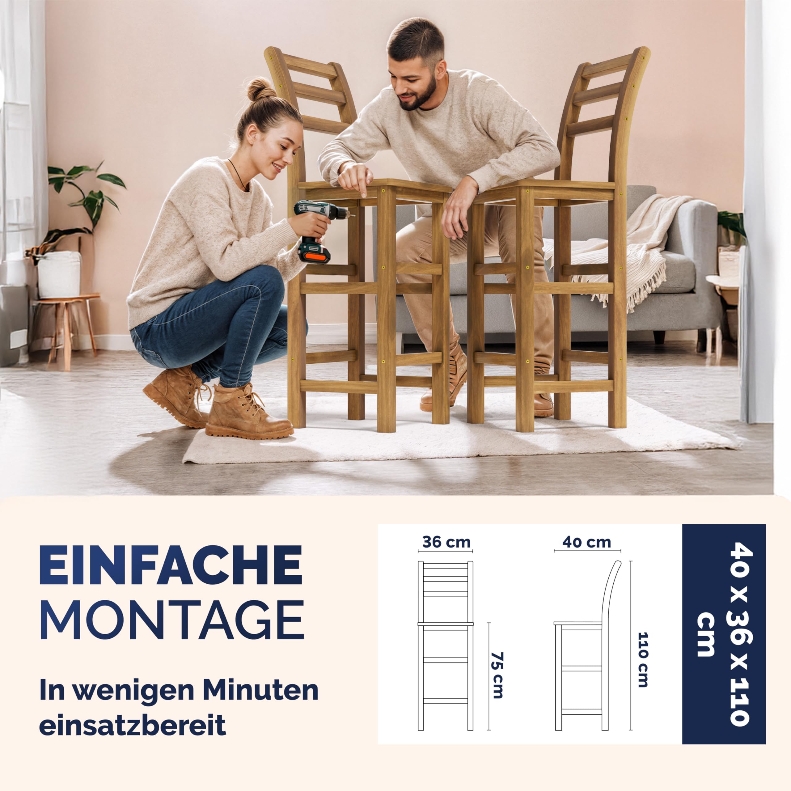 Casaria® Set 4 Sgabelli Rustici in Legno con Schienale per Esterno 75cm con Poggiapiedi Sgabello Bar Giardino Cucina