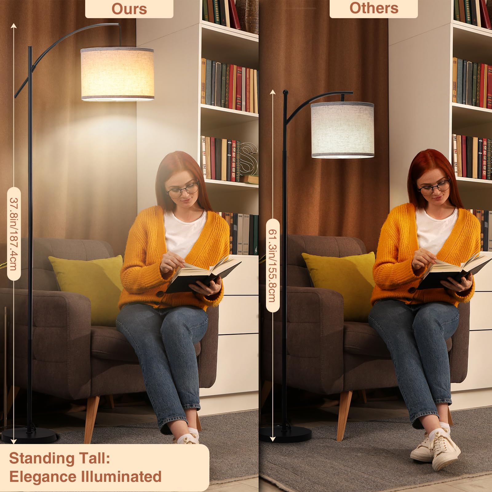 FIMEI Lampada da Terra a Arco Soggiorno, Altezza 187cm, LED Dimmerabile con Temperatura Colore Regolabile, Lampada Alta con Paralume a Tamburo & Telecomando, 9W LED per Lettura, Camera, Ufficio