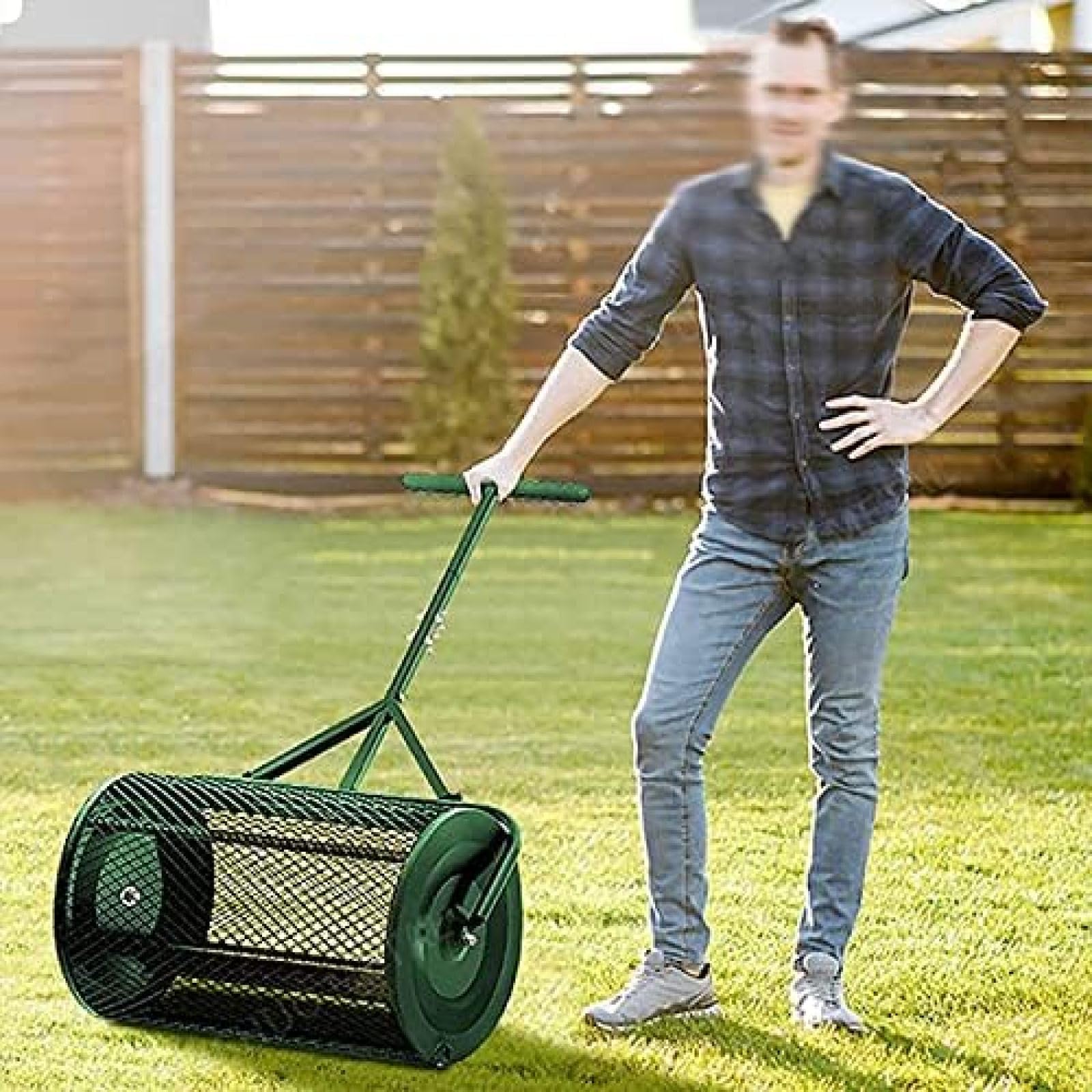 Épandeur de compost de 61 cm, épandeur de mousse de tourbe avec poignée en forme de T pour la plantation, l'entretien de la pelouse et du jardin – Épandeur de fumier à rouleau