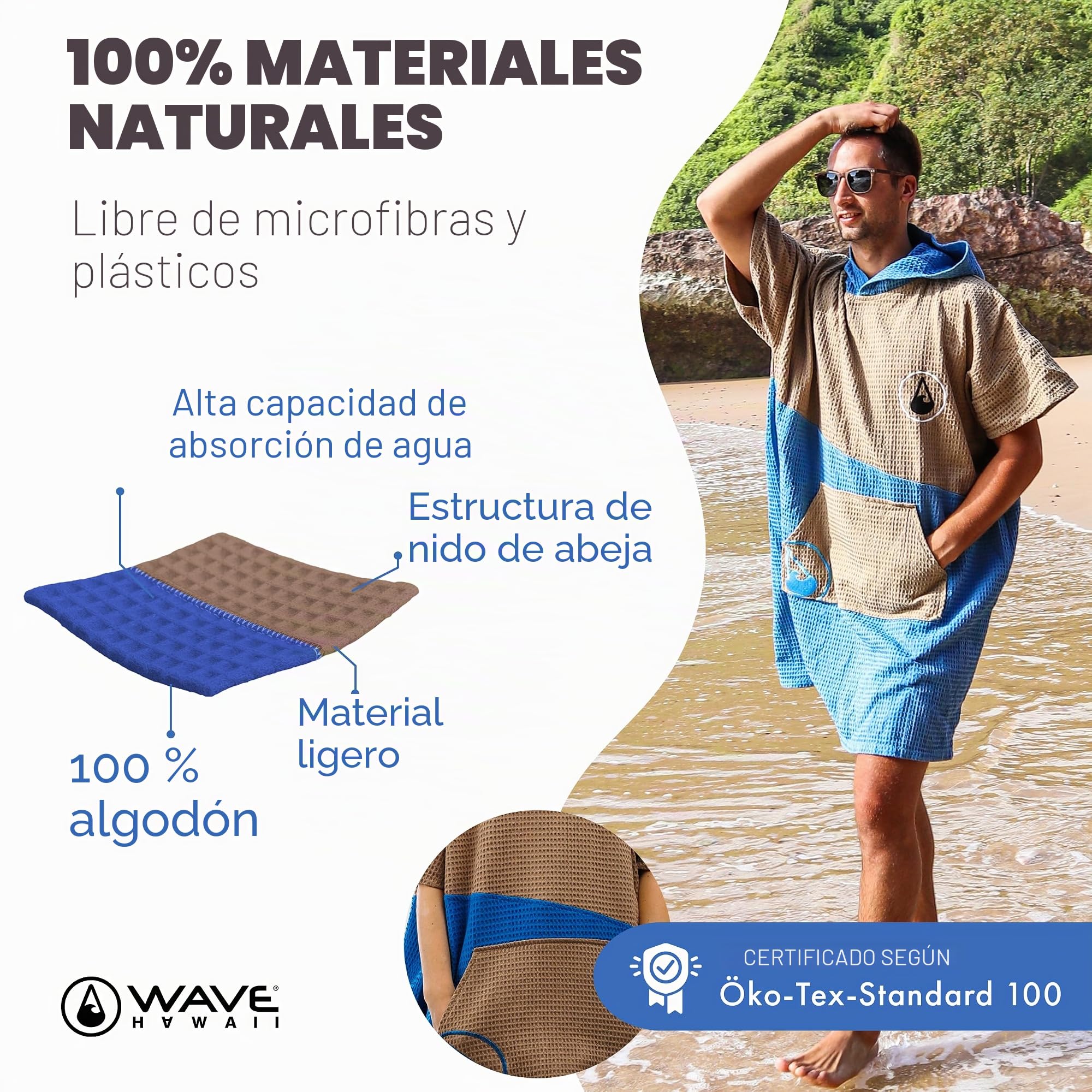 WAVE HAWAII Travel-Poncho de baño para hombre y mujer, L-XL, 171-197 cm | 100% algodón, poncho de surf para adultos, toalla de rizo con alta absorción de agua, ayuda para cambiar la playa, adultos