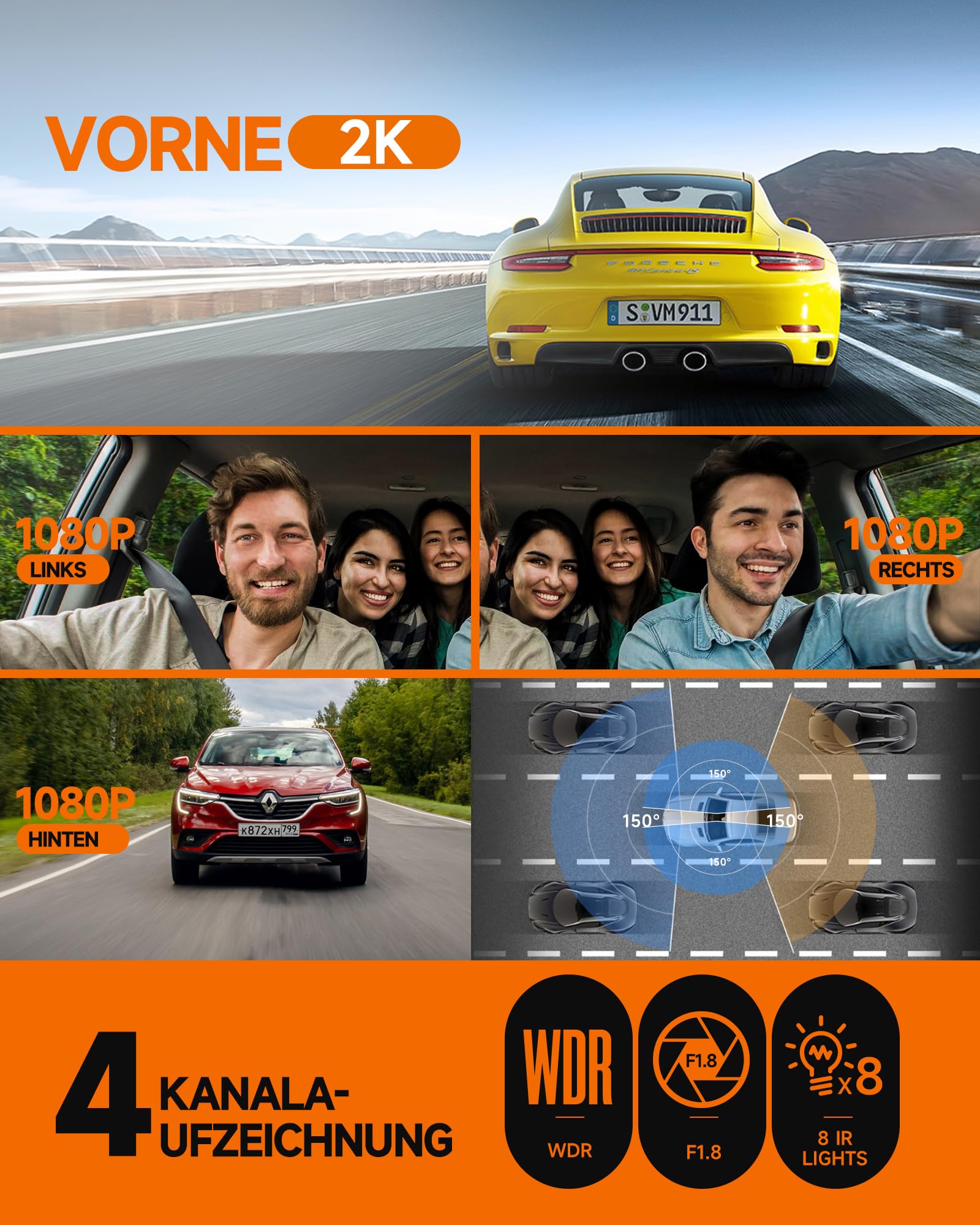 HUPEJOS 4 Kanal Dashcam Auto Vorne Hinten, 4K 360 Grad Kamera Auto, V60