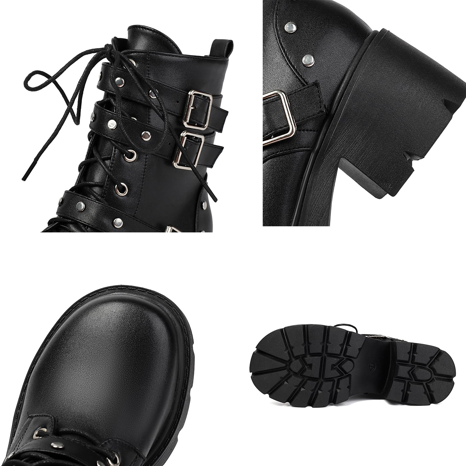 Botas Mujer Plataforma Estilo Gótico Punk, Negro con Hebillas y Cordones, Suela Gruesa Antideslizante, Botines Militares de Tacón Cuadrado