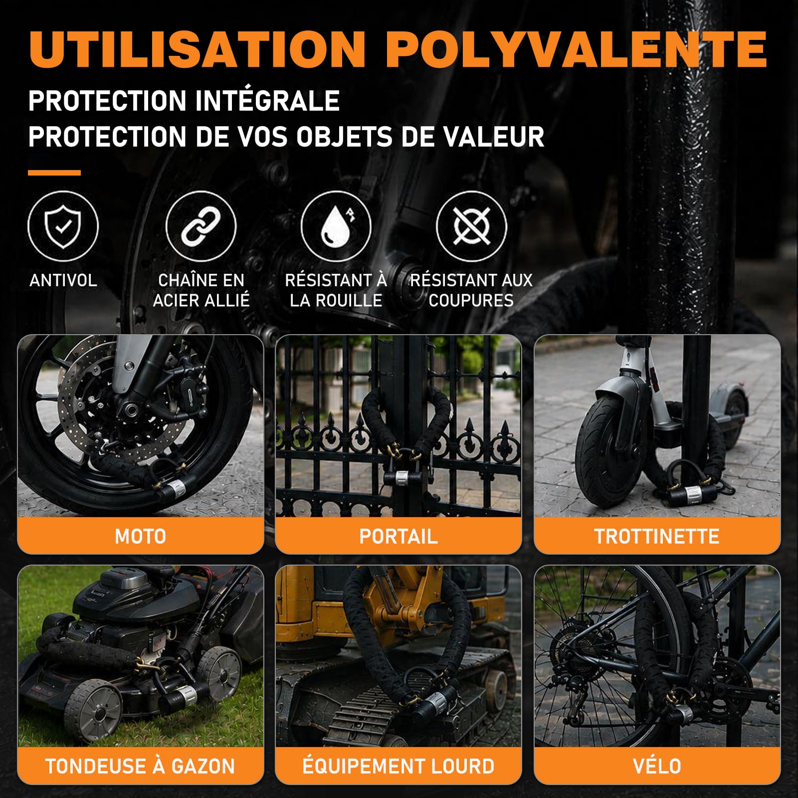 Antivol Moto Chaîne 10 mm en Acier Trempé avec Antivol U et 4 Clés, Chaîne Haute Sécurité pour Moto, Vélo Électrique, Scooter et Vélo, 120 cm – Or