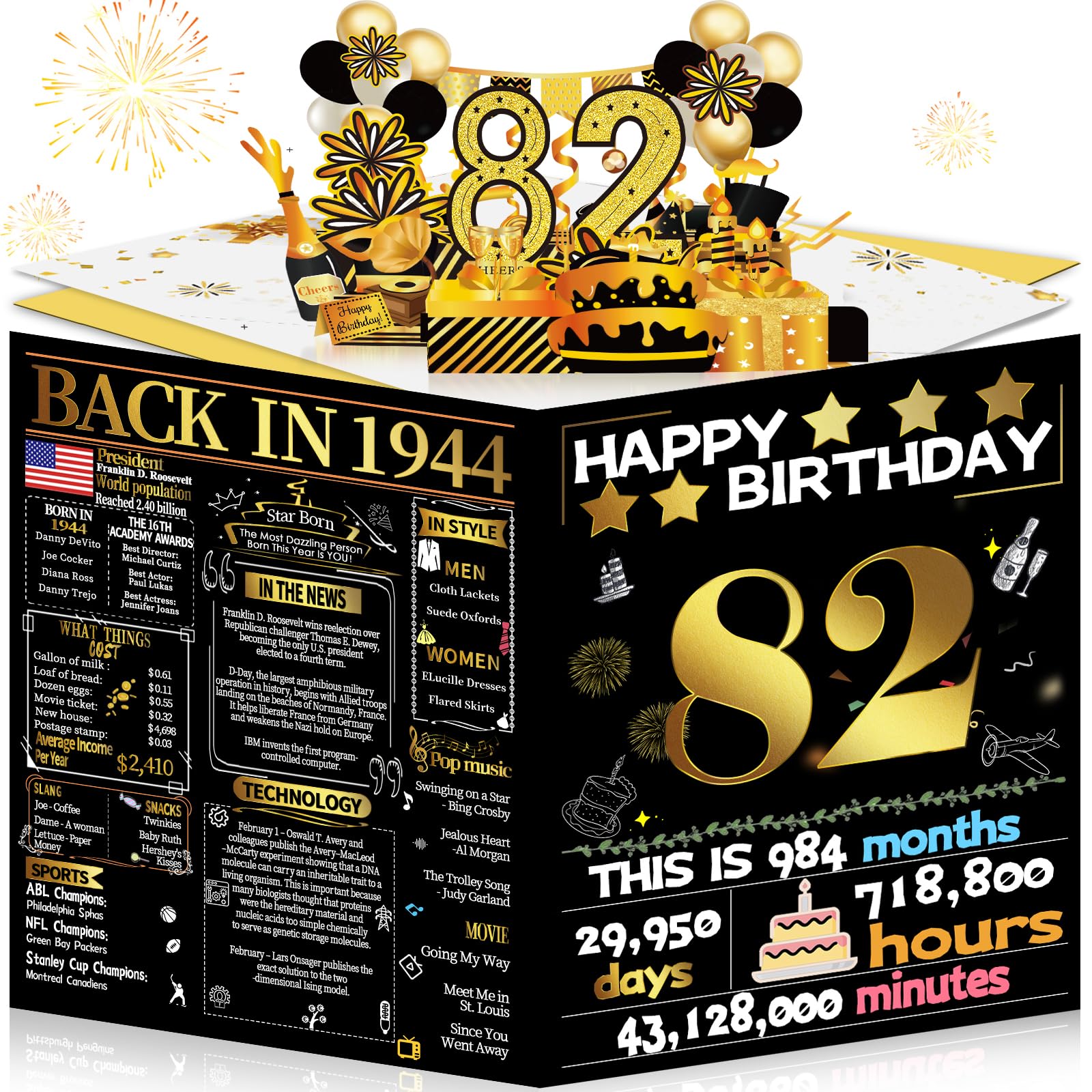 Joycard 82nd Birthday Card for Women Men, 3D Pop Up Happy Birthday Gift for Grandpa Grandma, Funny 82 Year Old Birthday Decorations for Mother Dad, Back in 1944 Laser Gold Retro Theme