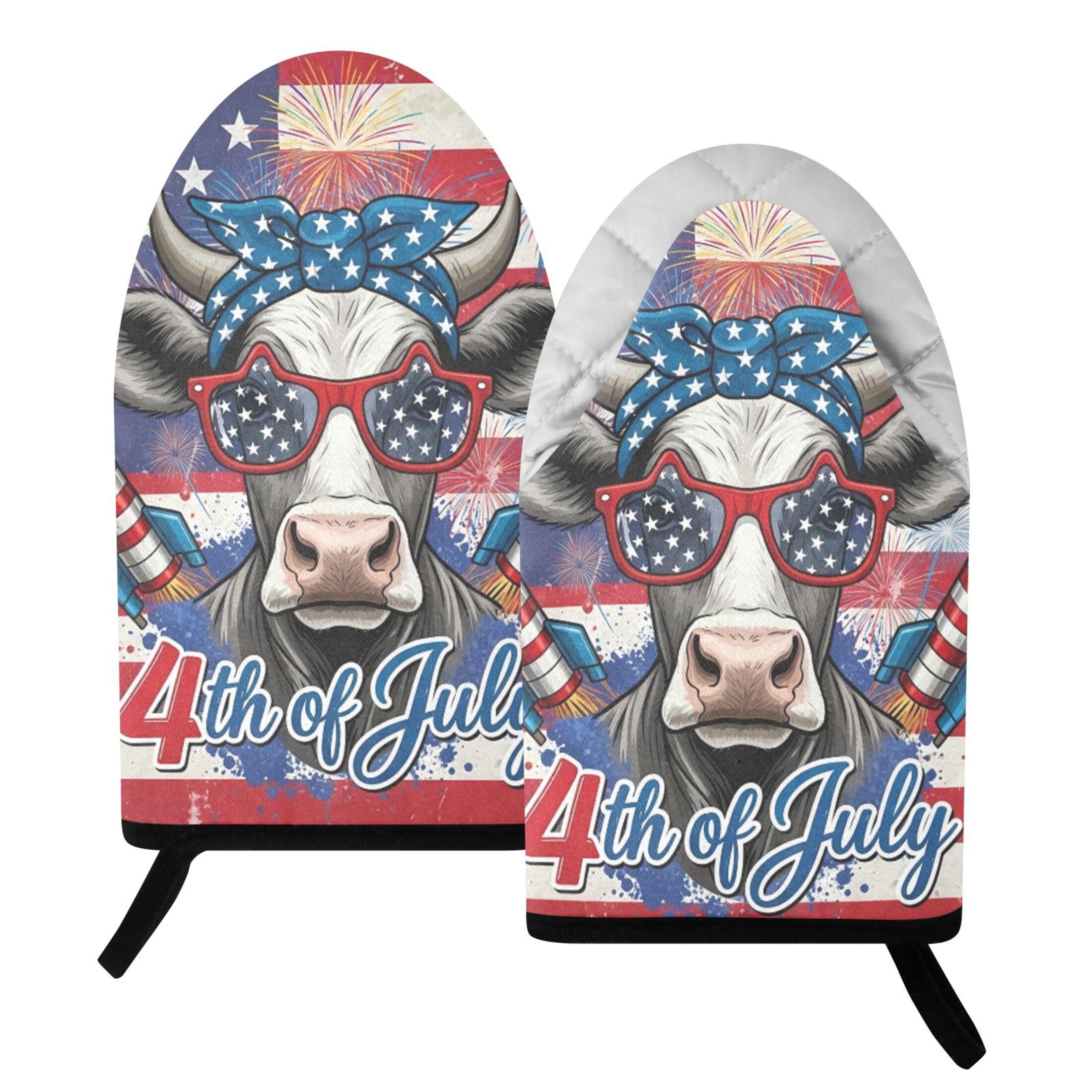 Fuauuyl Oven Mitts Heat Resistant Kitchen Gloves, Independence Day Cow Classic Oven Gloves with Hanging Loop for Baking BBQ Cooking Grilling, 1 Pair, 9.5 in