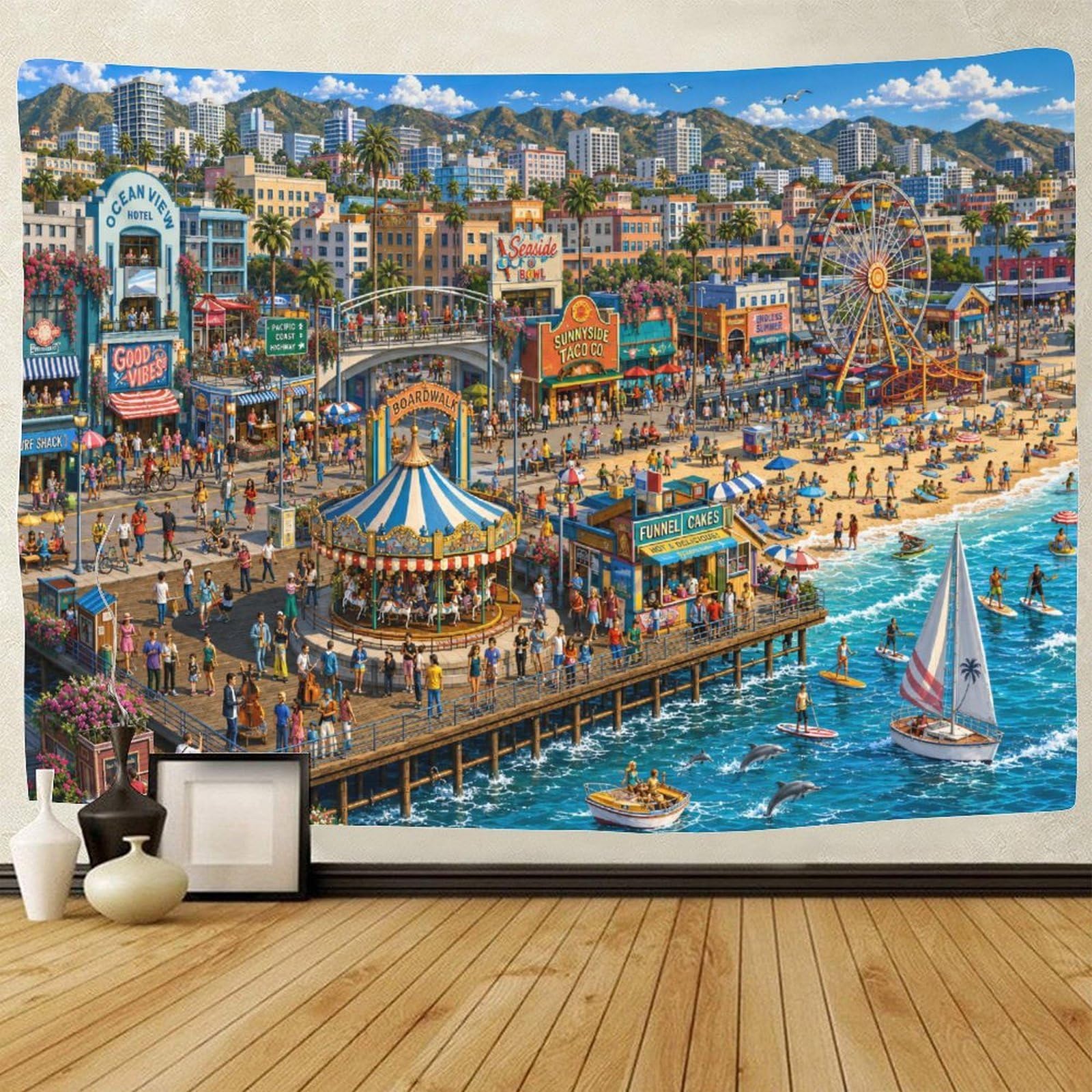 ASDFGHJKLZA Santa Monica Pier 3D Print Tapestry Wall Hanging Decor Wall Art Decor California Beach Tapestries Poster Curtain Living Room College Dorm 150cmx200cm