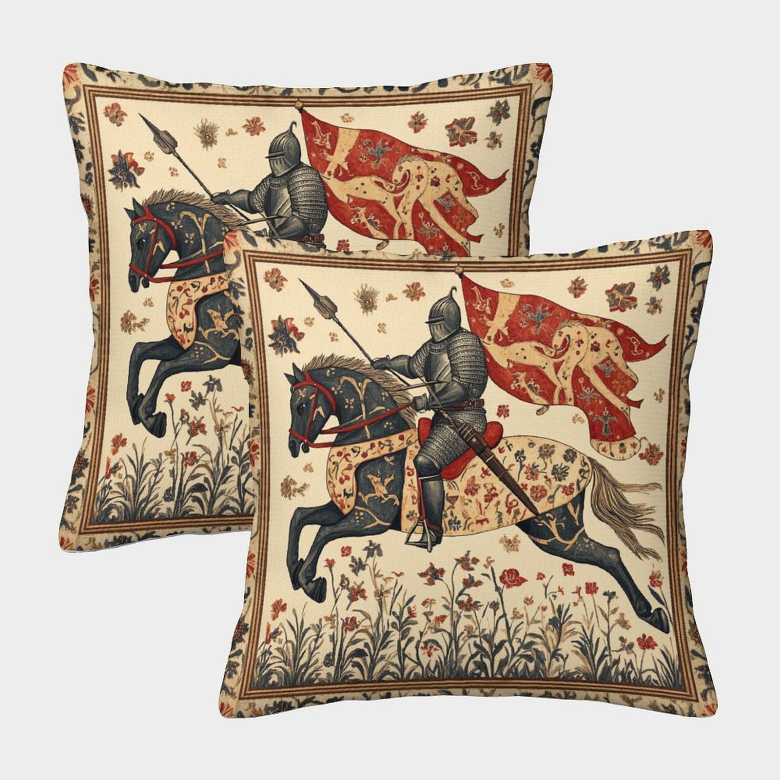 Kaiyun Style-11 2 Pack Medieval Knight On Horse Pillowcase 45X45cm,Medieval Art Style Cushion Cover,3D Digital Printing Bed Sofa Decorative