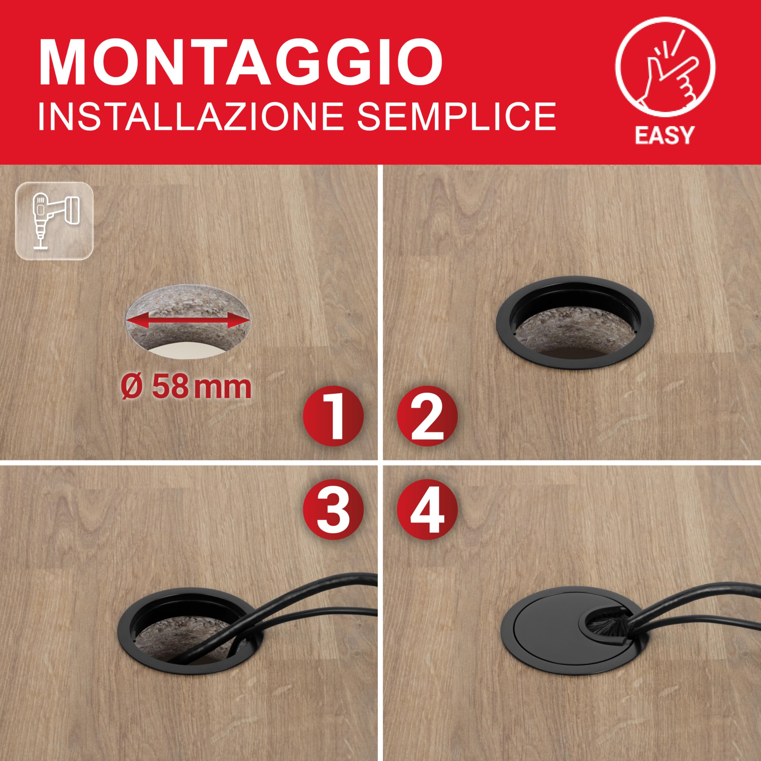 LouMaxx Guidacavi Ø 60 mm – Set di 2 pezzi in metallo nero – passacavi con guarnizione antipolvere – per una maggiore organizzazione