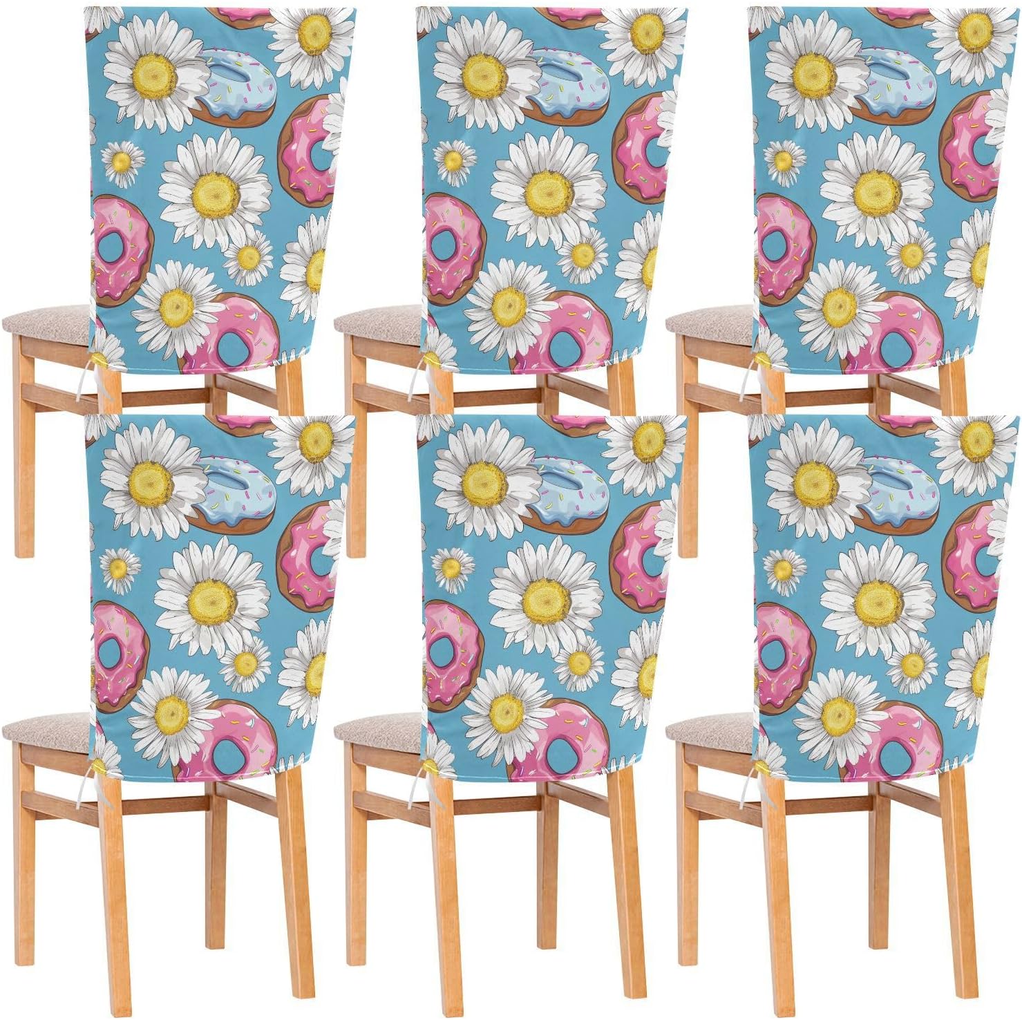 ALAZA Daisy Flowers Donuts Chair Back Cover Set of 6, Washable Reusable Removable Chair Slipcovers Decorative Chair Cover for Home Kitchen Wedding Party