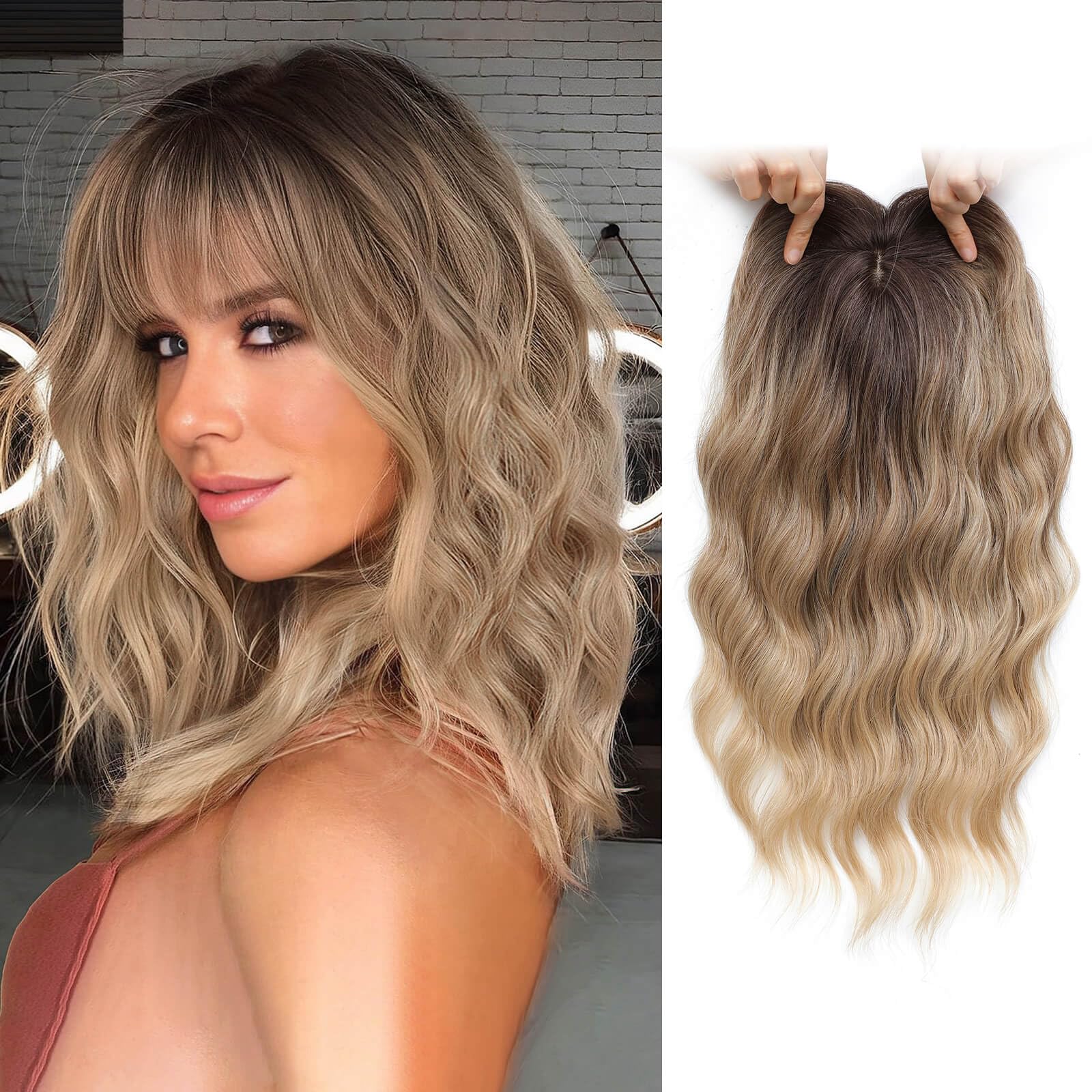 Hair Topper, 6.5x6.5" Large Base Hair Toppers with Fringe 14 Inch Ombre Dark Blonde Wavy Synthetic Wiglets Hairpieces for Women Daily/Vacation