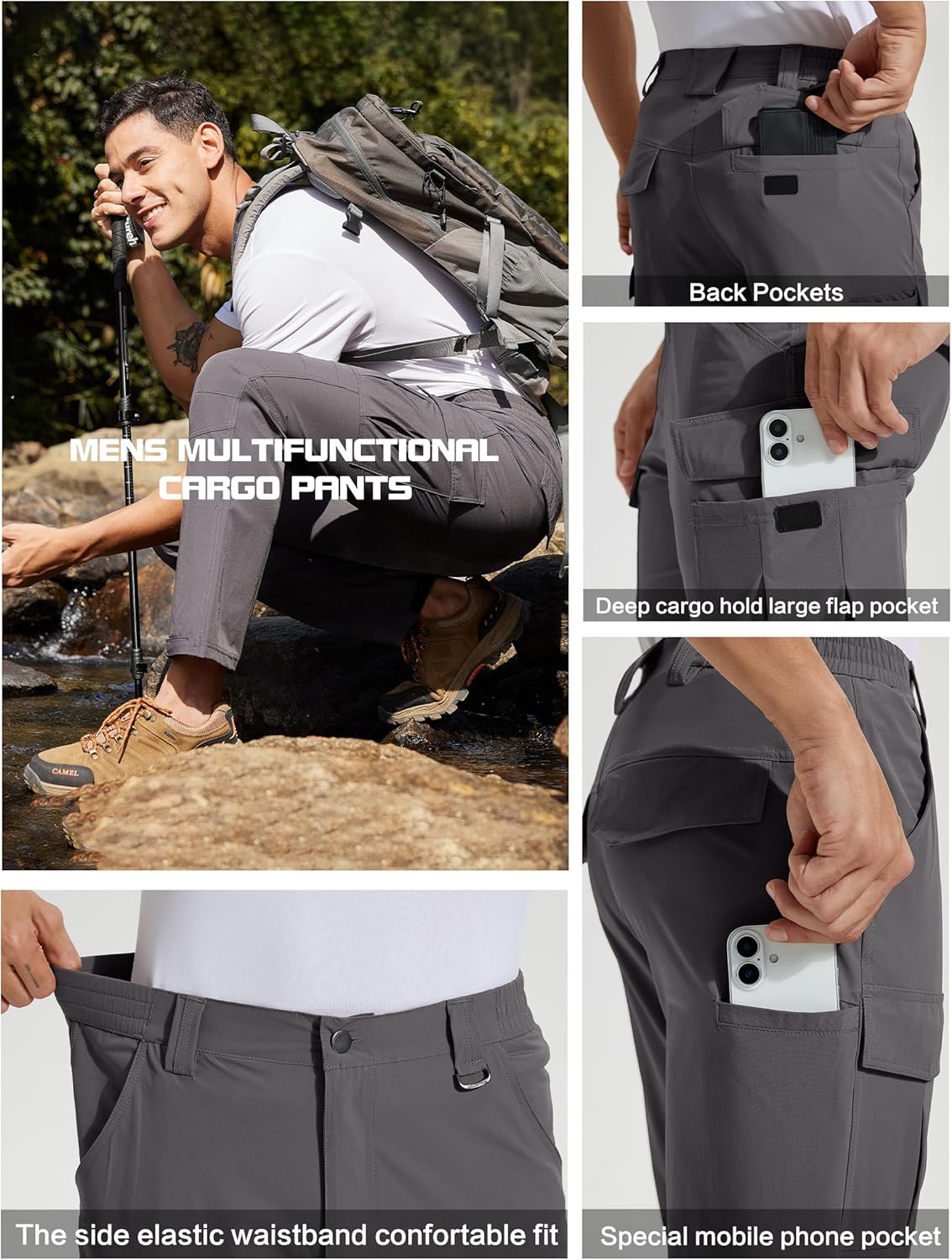 Men's Lightweight Hiking Cargo Pants Water-Resistant Quick-Dry Climbing Camping Fishing Work Outdoor Pants - Image 4
