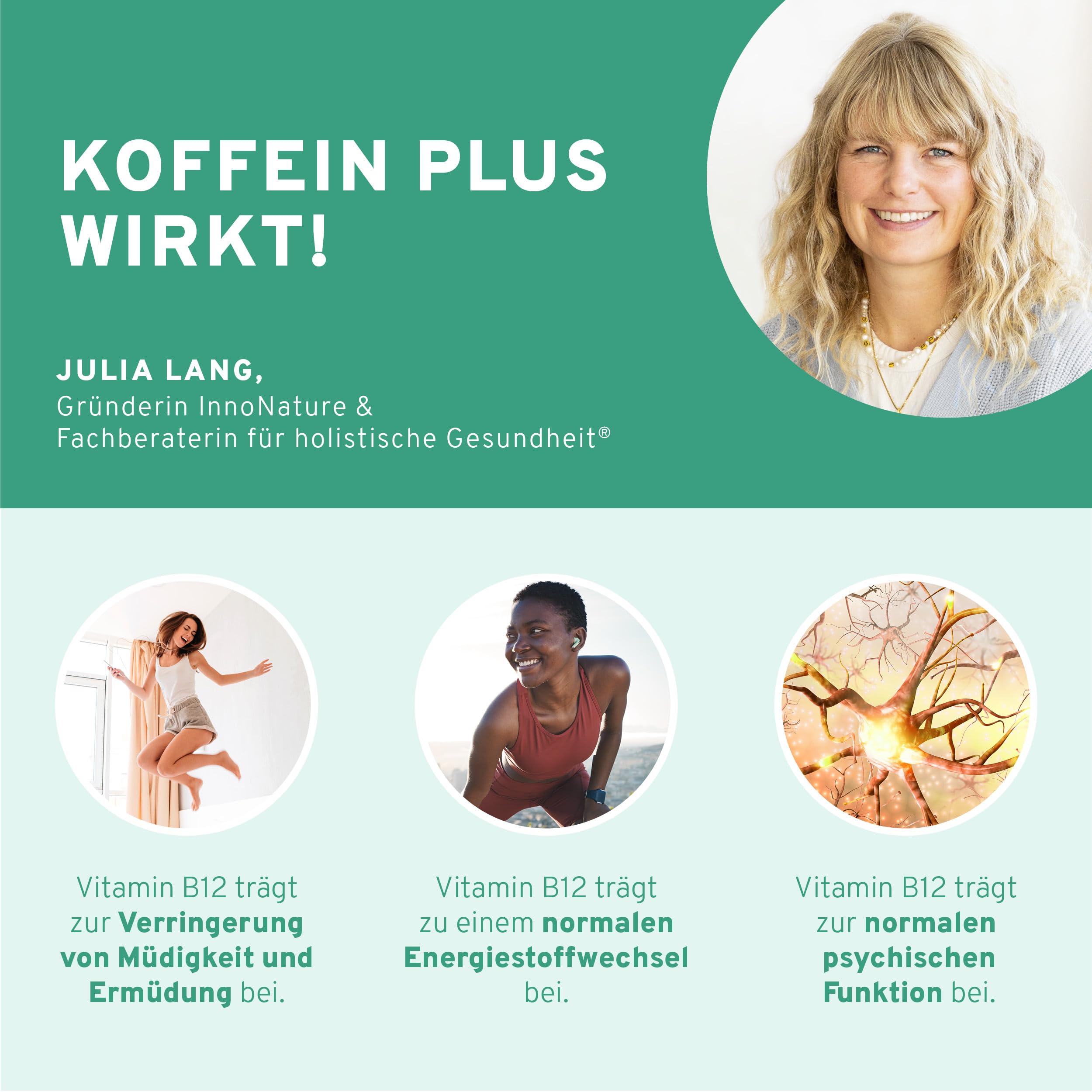 InnoNature Koffein Plus Kapseln | natürlich aus Grünem Kaffee + Guarana + Grüntee | 60 Kapseln, 150 mg Koffein, 50 µg Vitamin B12, vegan