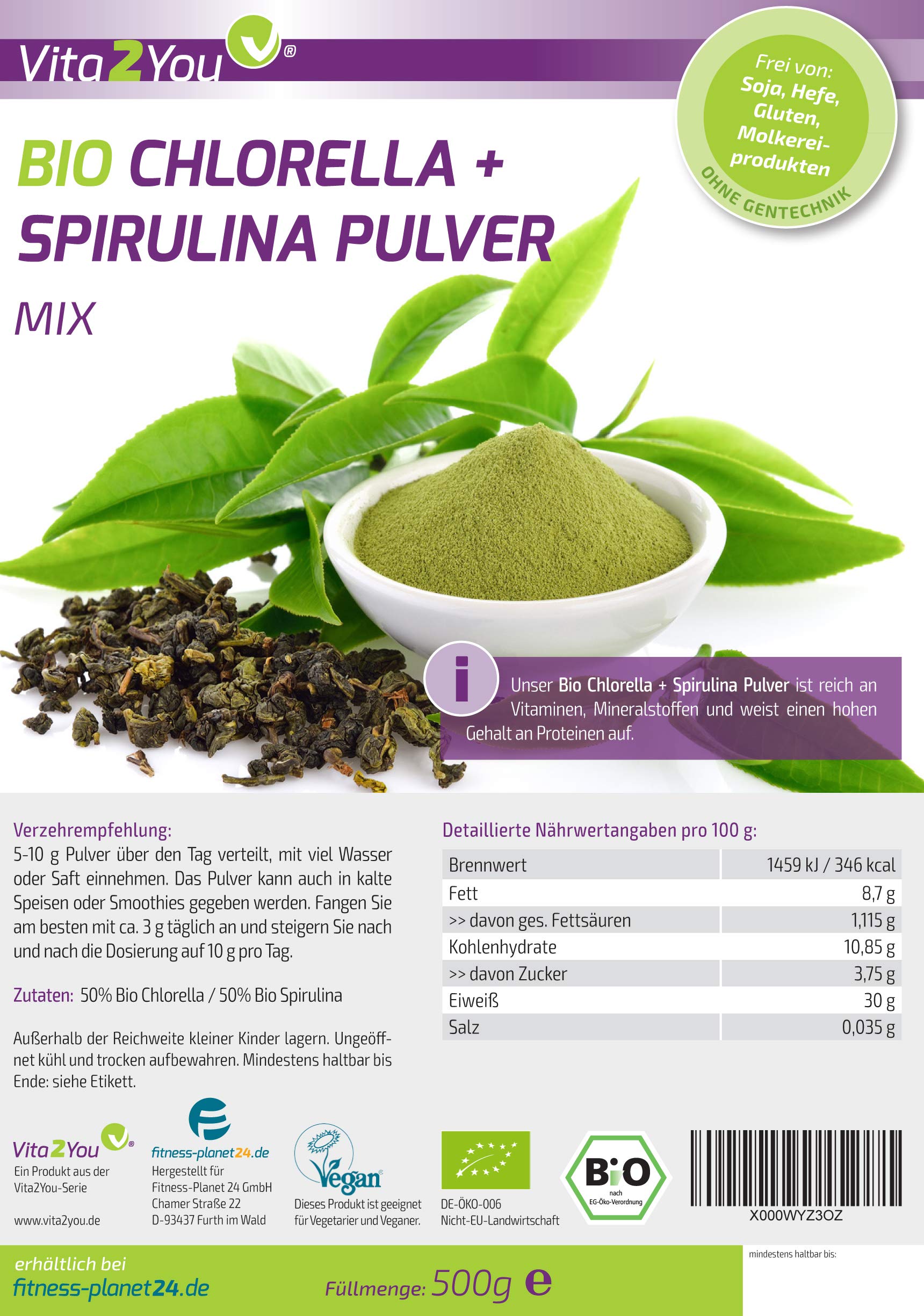 Vita2You BIO Chlorella + Spirulina Mix Pulver 500g - Verhältnis 50:50 - Aus Ökologischen Anbau DE-ÖKO-006 - Zippbeutel - Premium Qualität