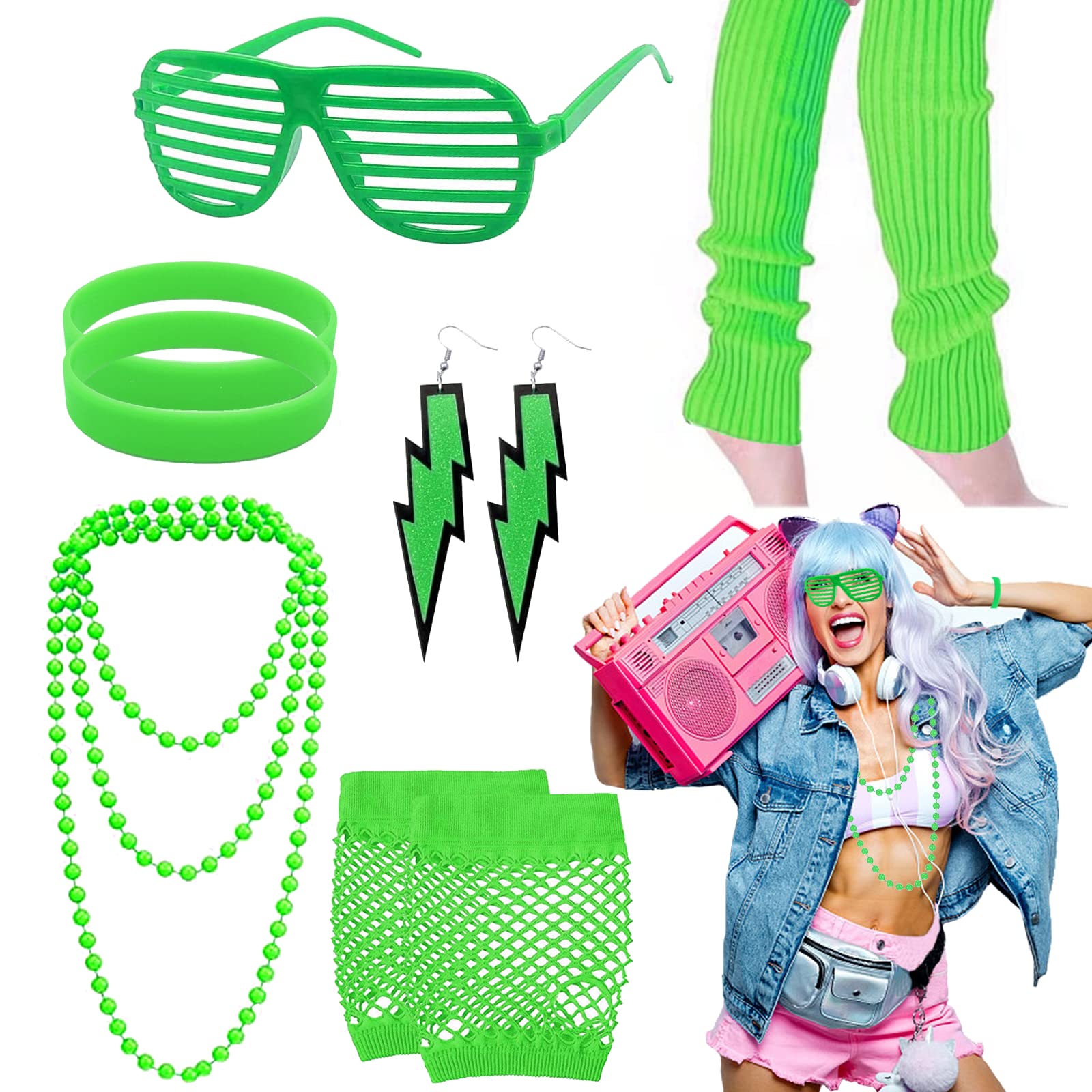 10Pcs 80s Accessories for Women, 80s Fancy Costume Accessories Set with Retro Neon Rosy Necklace Earring Glasses Bracelets Gloves Leg Warmers for World Book Day Costume(Green)