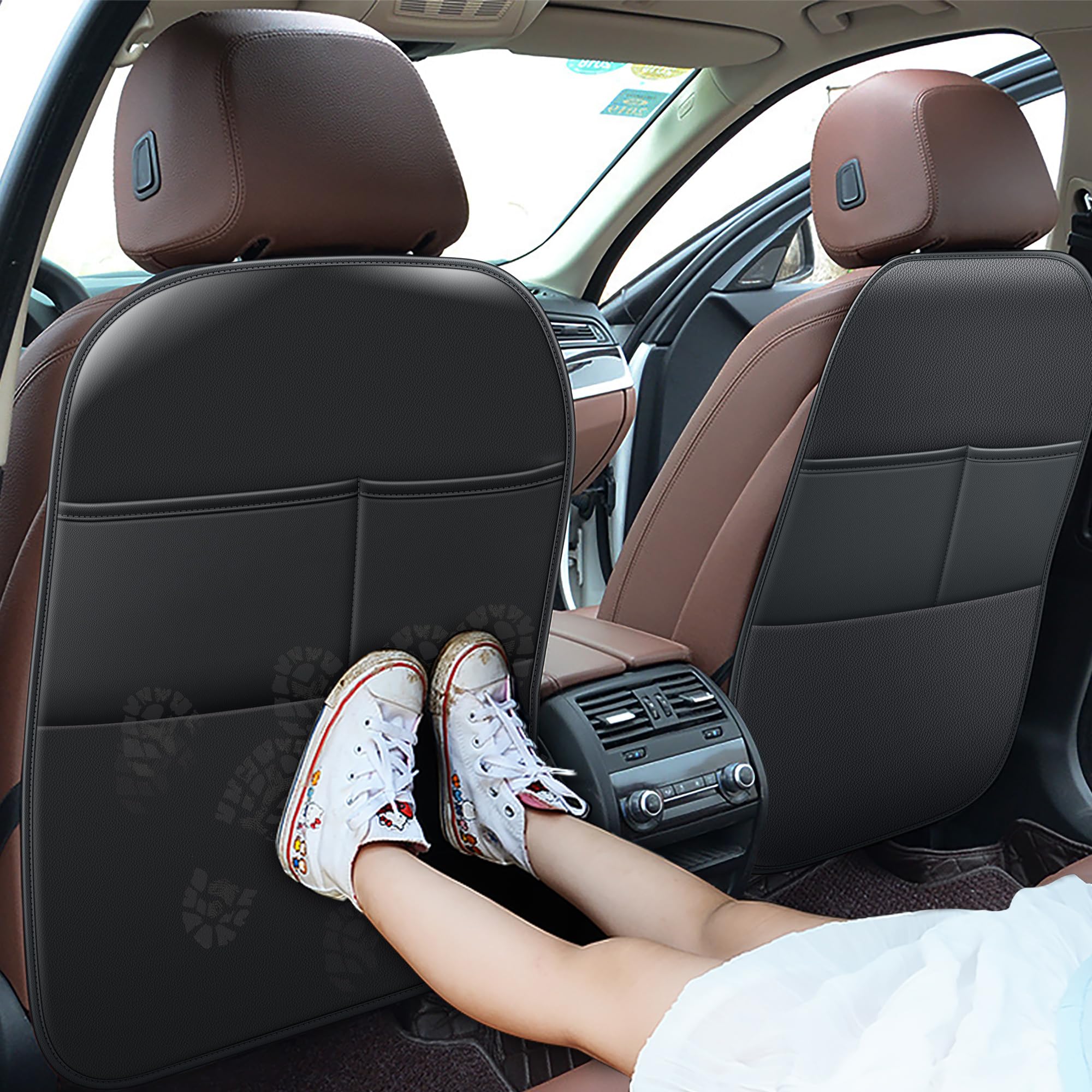 NUWQICD Back Seat Protector Car Kick Mats for Nissan Rogue with 2 Pocket Storage Organizer - Faux Leather Back Seat Covers for Kids Feet Waterproof