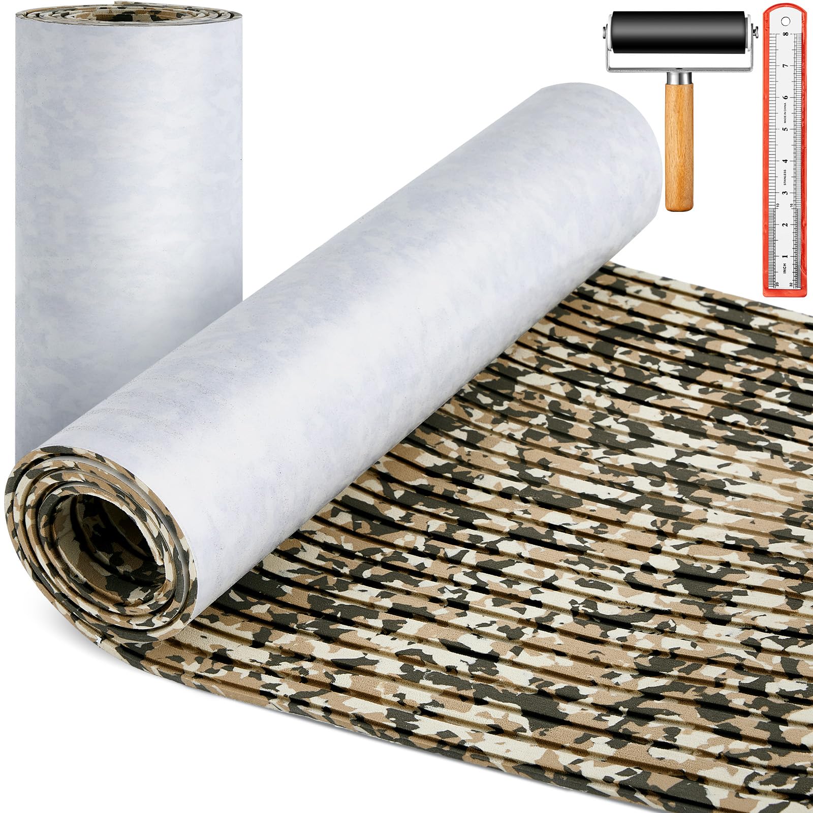 Tinideya Boat Flooring EVA Foam 94" x 16" Boat Decking Non Slip Marine Camo Self Adhesive Carpet with Roller Ruler for Kayak Yacht Motorboat(Vertical