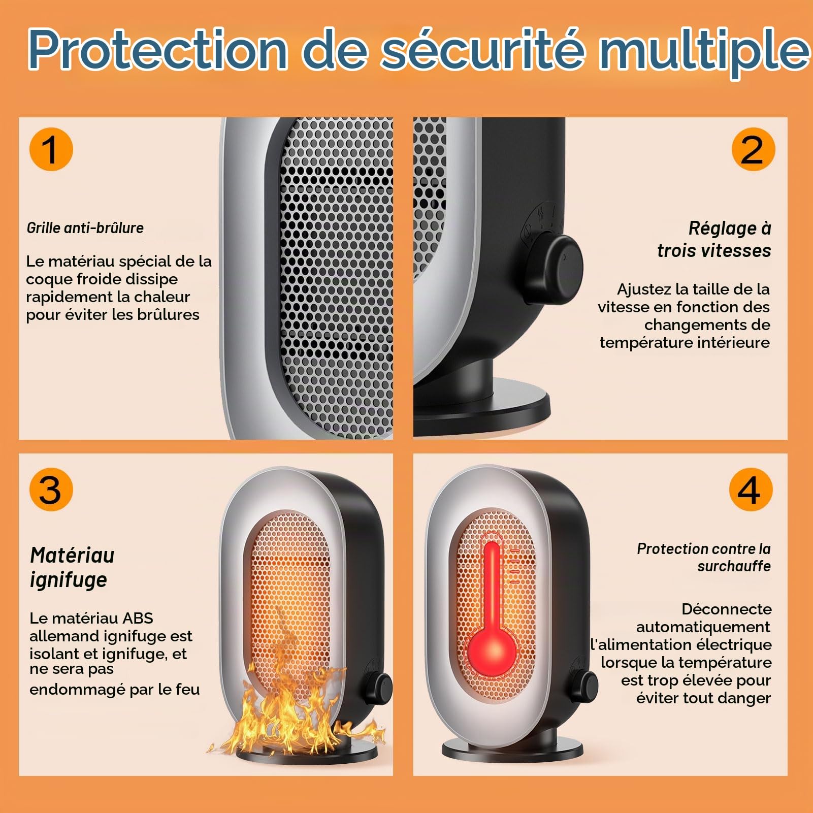 Radiateur Soufflant électrique Chauffage d'appoint 600W Avec 3 Modes en céramique PTC avec thermostat économie d'énergie Portable Silencieux protection anti-surchauffe et anti-basculement Noir
