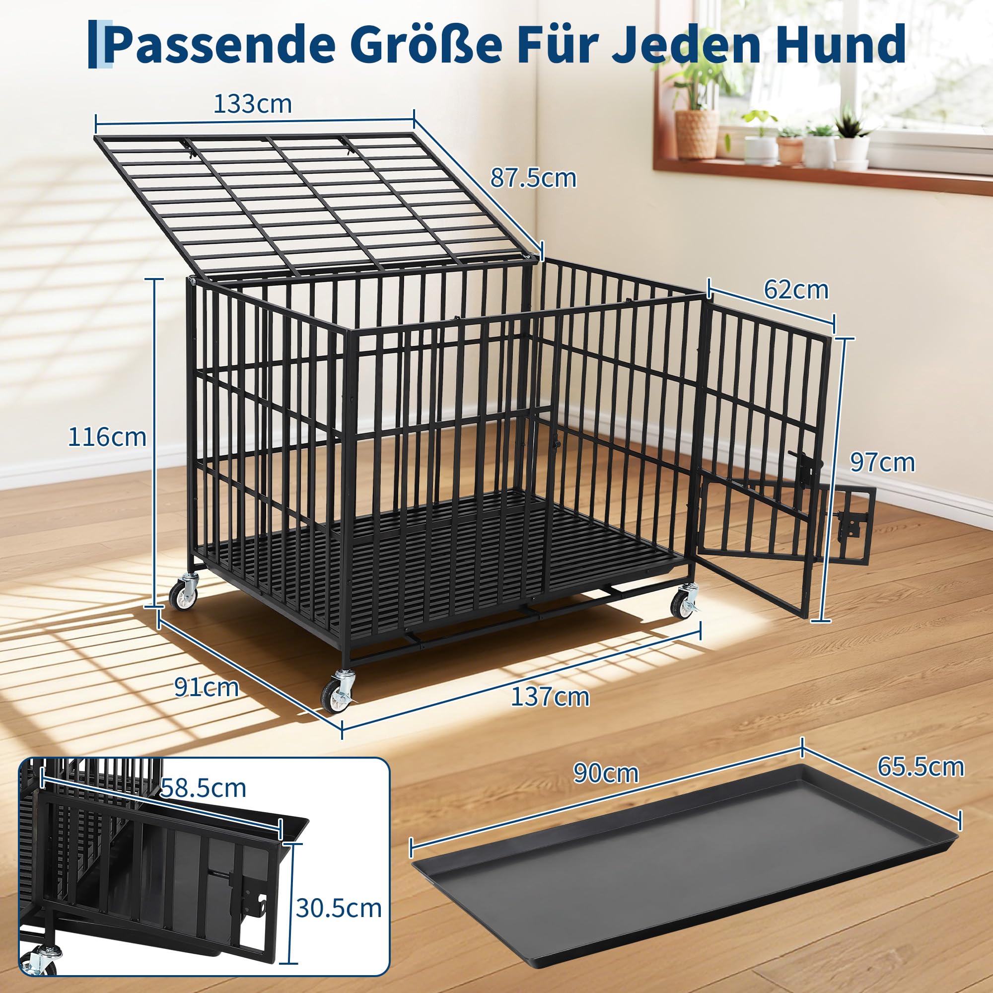 137cm Schwerlastige Metall-Hundebox Mit 3 Türen, Fluchtsicherer Hundekäfig Für Innen Mit Ablageboden Und Rädern, Extra Großer Hundehütte Für Große Und Mittelgroße Hunde, Leicht Zu Reinigen (Schwarz)