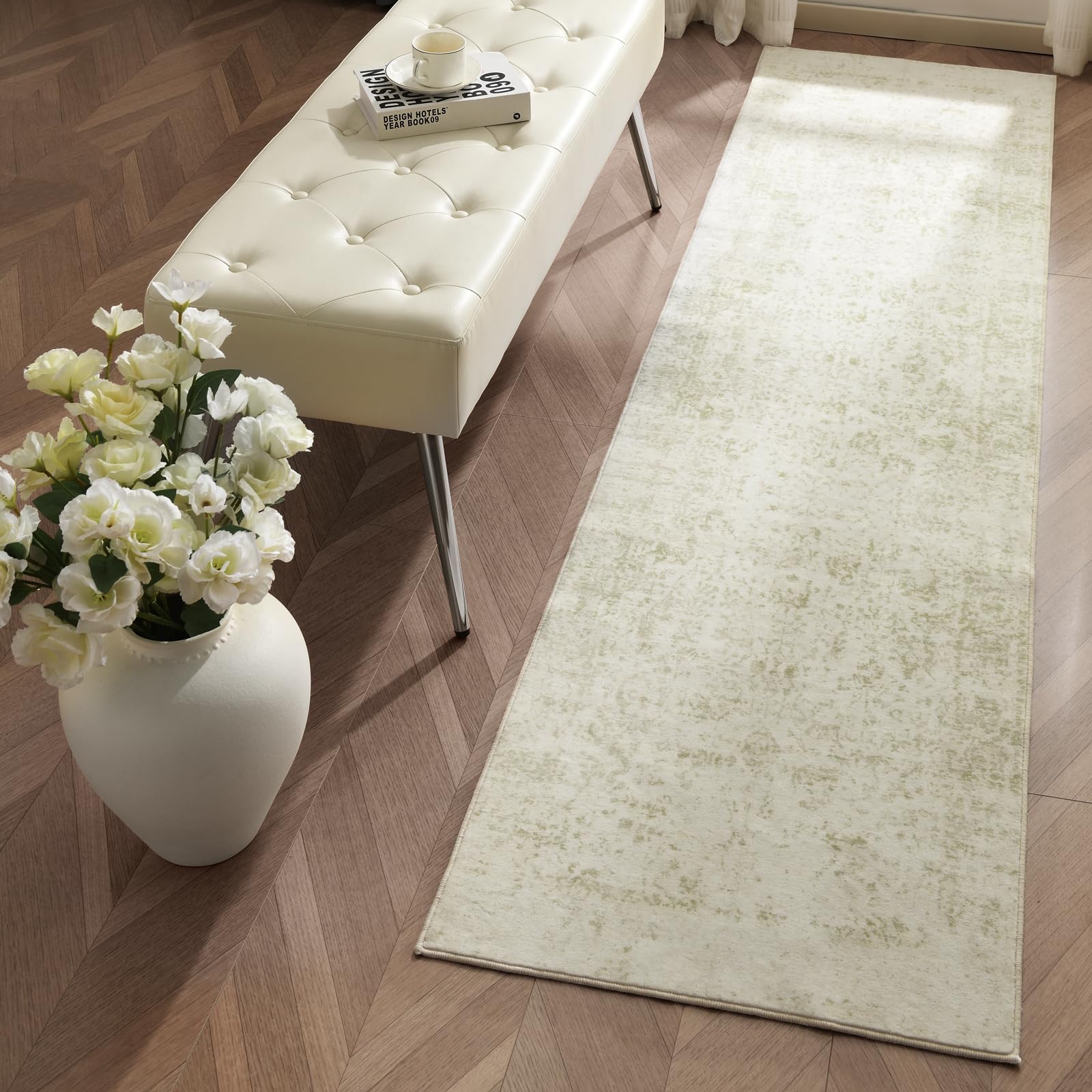 Washable Area Rug for Living Room - Stain Resistant Urtla Thin Rugs with Non Slip Rubber Backing - Indoor Floor Carpet for Dining Room Home Office Dorm (Green/White, 2x6 Feet)
