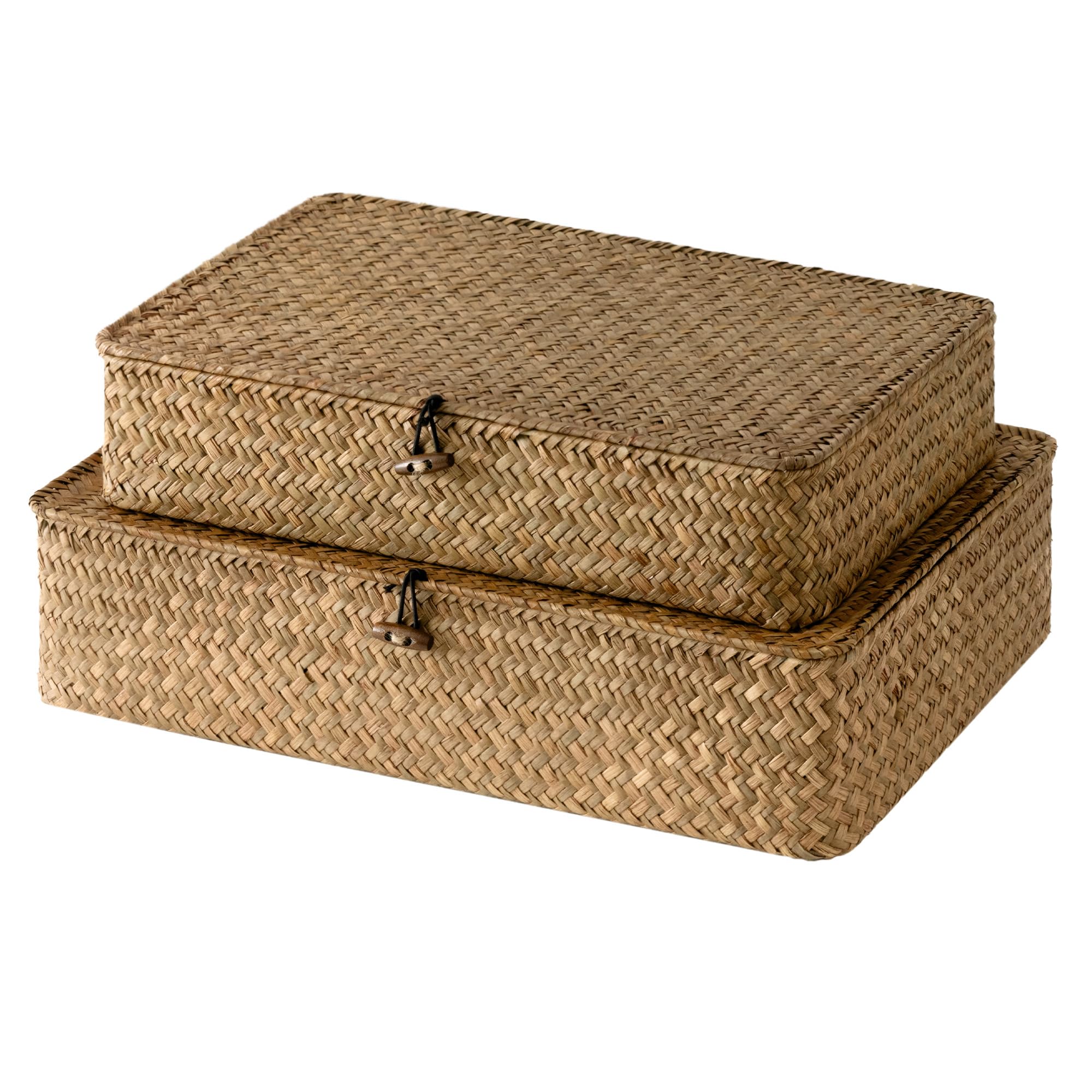 StorageWorks Wicker Storage Baskets with Lids, Woven Seagrass Storage Boxes with Lids, Decorative Handwoven Wicker Baskets for Bathroom Organising, Flat Wicker Boxes with Lids, 2-Pack