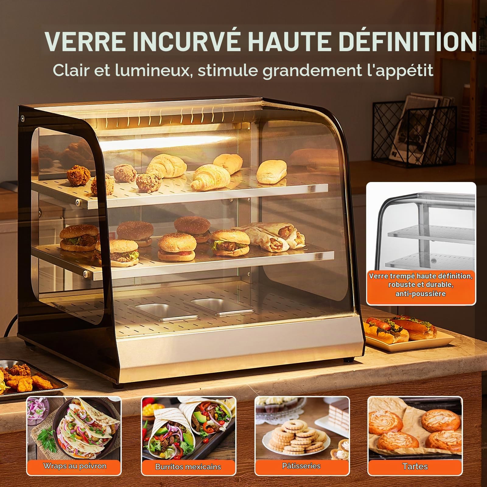 VEVOR Vitrine Chauffante Commerciale à 2 Niveaux, Présentoir à Chaud 850 W, avec Verre Trempé et Chauffage à la Vapeur, Contrôle de Température 30-85 ℃, Grande Capacité 111 L, pour Hamburger, Pizza