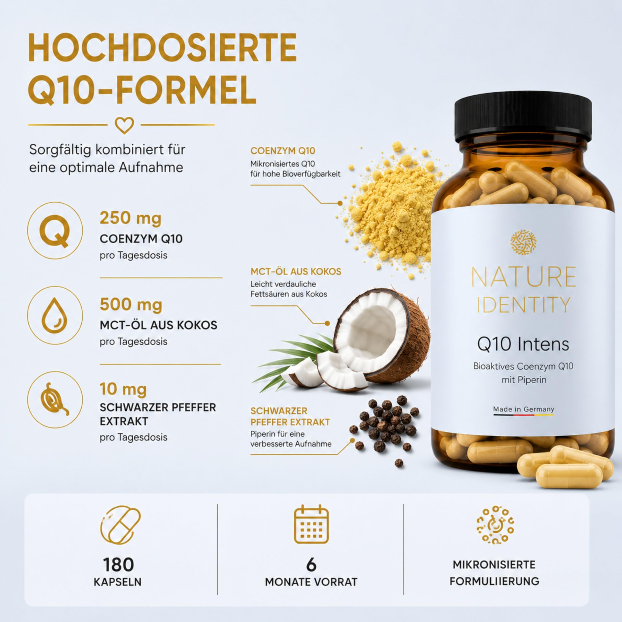 Coenzym Q10-180 Kapseln - hochdosierte 250mg pro Kapsel - Reines Premium Q10 aus pflanzlicher Quelle kombiniert mit MCT-Öl & Piperin - Made in Germany | Reines Premium Q10, Pflanzliche Quelle, Mit MCT-Öl & Piperin, Made in Germany