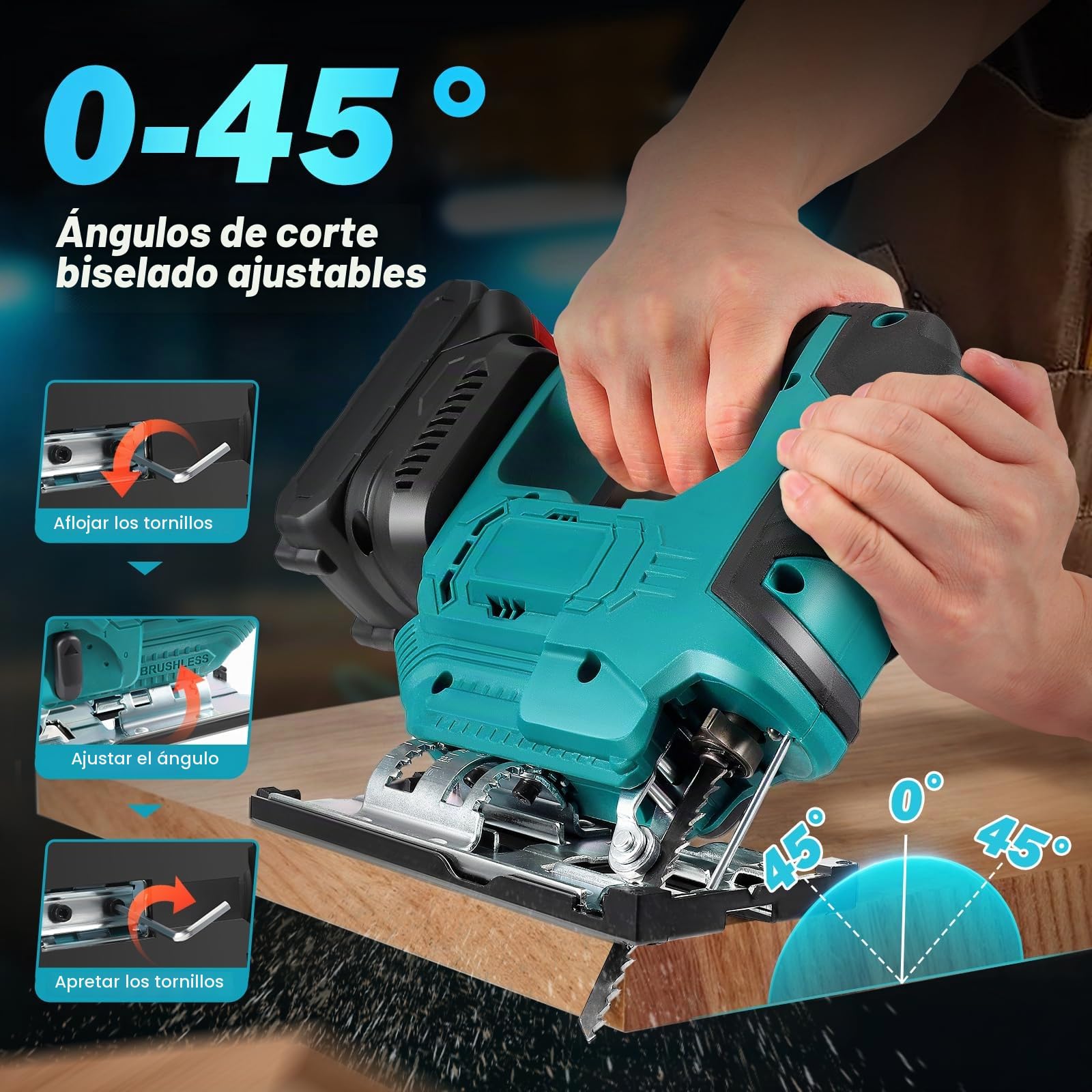Sierra de calar eléctrica con 3 ajustes orbitales, cortes biselados ajustables a 45°, compatible con baterías de 18 V, para cortar madera y metal (batería no incluida)