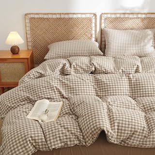 Nayoroom Queen Gingham Duvet Cover Set - 100% Washed Cotton Brown Tan Plaid, Soft Breathable 3-Pc Farmhouse Bedding for All Seasons