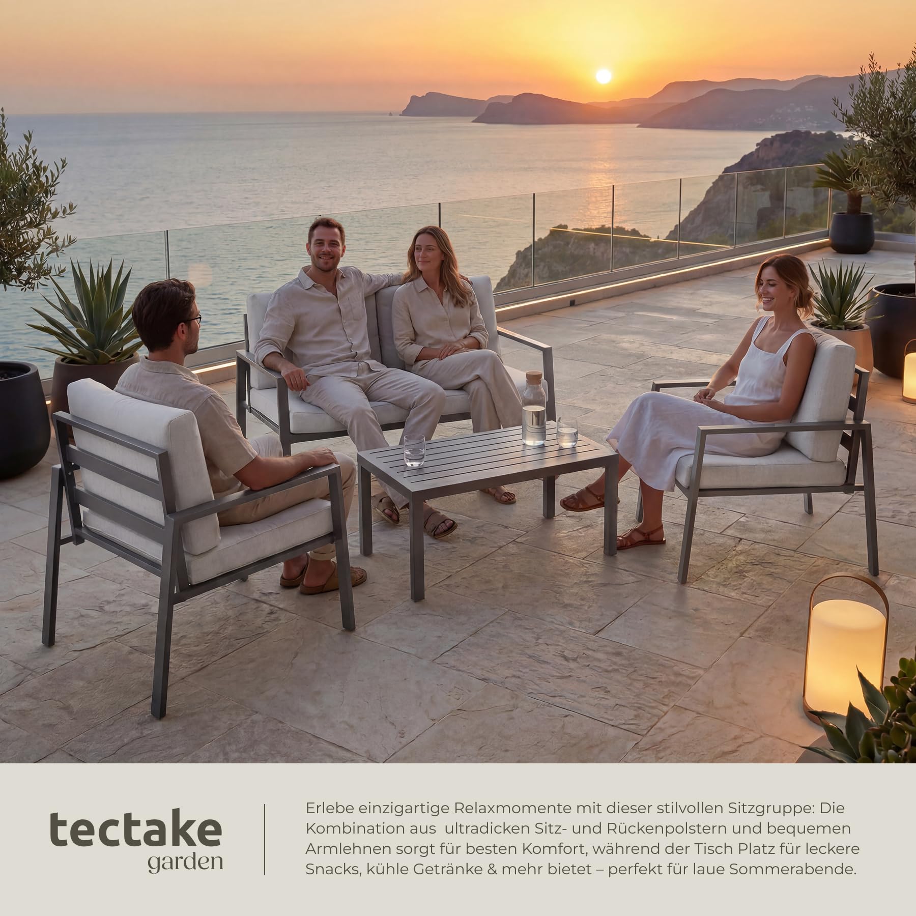 tectake® Aluminium Lounge, Set mit 2 Sessel 1 Sofa 1 Beistelltisch Outdoor, Gartenmöbel mit Kissen, Loungemöbel Set für Balkon, Garten, Wintergarten, Terrassenmöbel - hellgrau