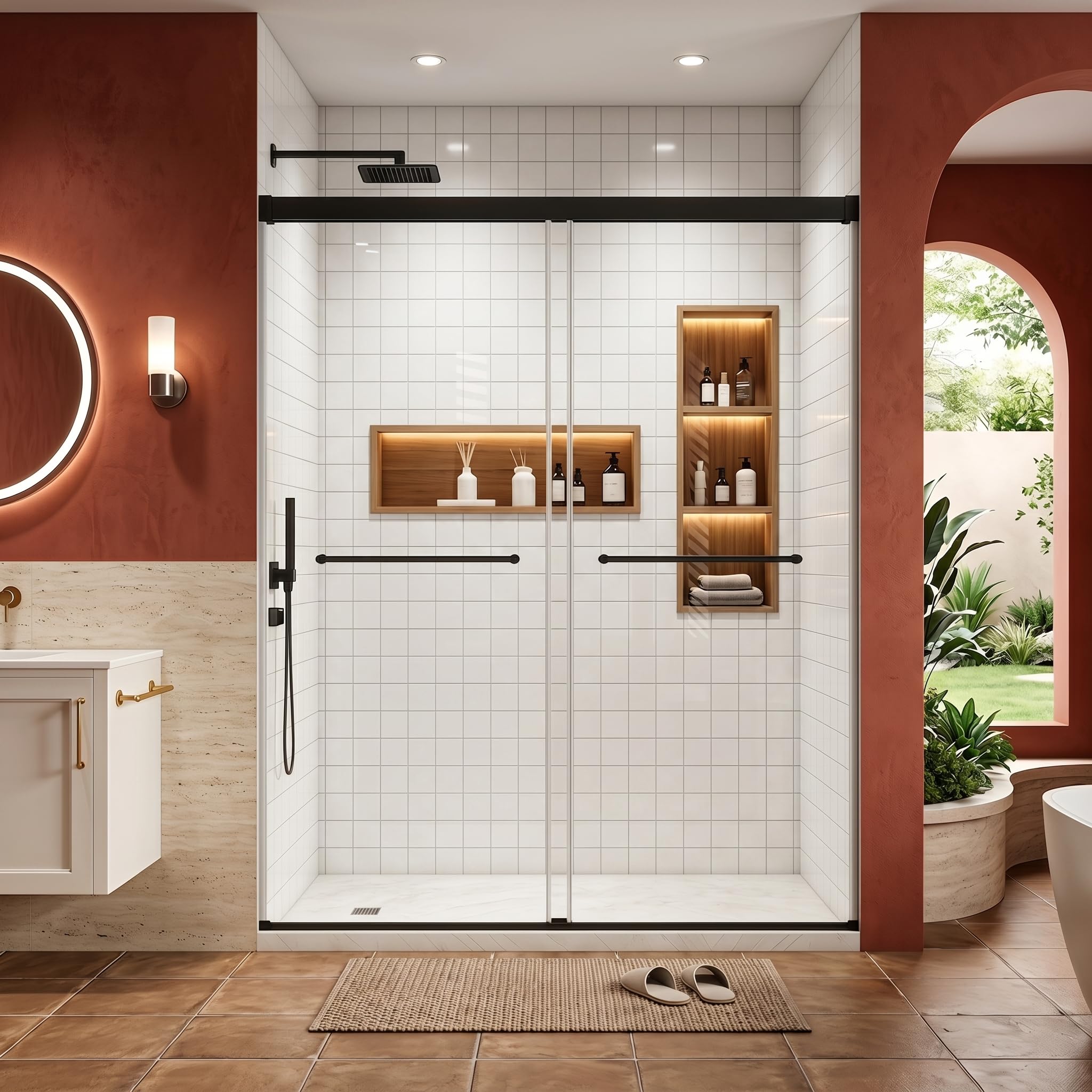 60 w x 72 h frameless double sliding shower door, 1/4, matte black | dual nano coating; 6mm clear sgcc tempered glass; 304 stainless steel hardware; anti-explosion film