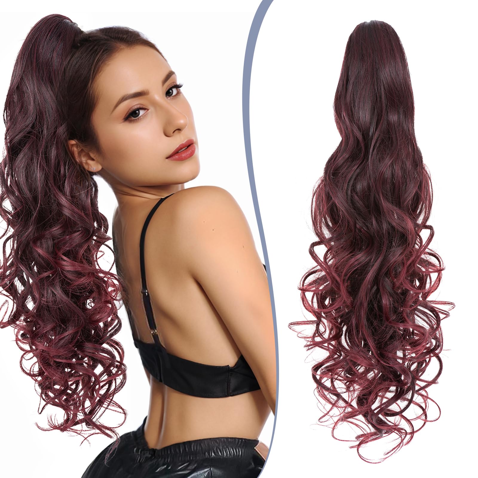 TESS 24'' Curly Ponytail Extensions, 210g Claw in Long Ponytail, Hair Pieces for Women Burgundy Gradient, 24 Inch (curly)
