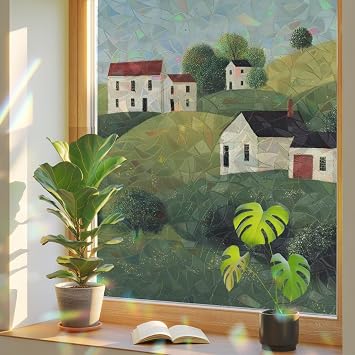 Farmhouse Rolling Green Hills Window Privacy Film,Rural Village Houses 3D Stained Glass Window Film Static Window Clings Rainbow Glass Stickers for Bathroom Bedroom Office 17.7" x 39.3"