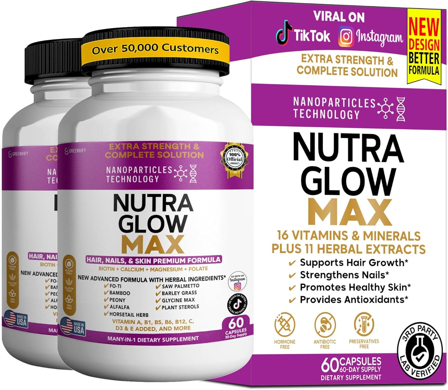 Nutra Glow Max Hair, Nails & Skin Formula, Biotin, Folate, Magnesium, 60 Capsules (2)