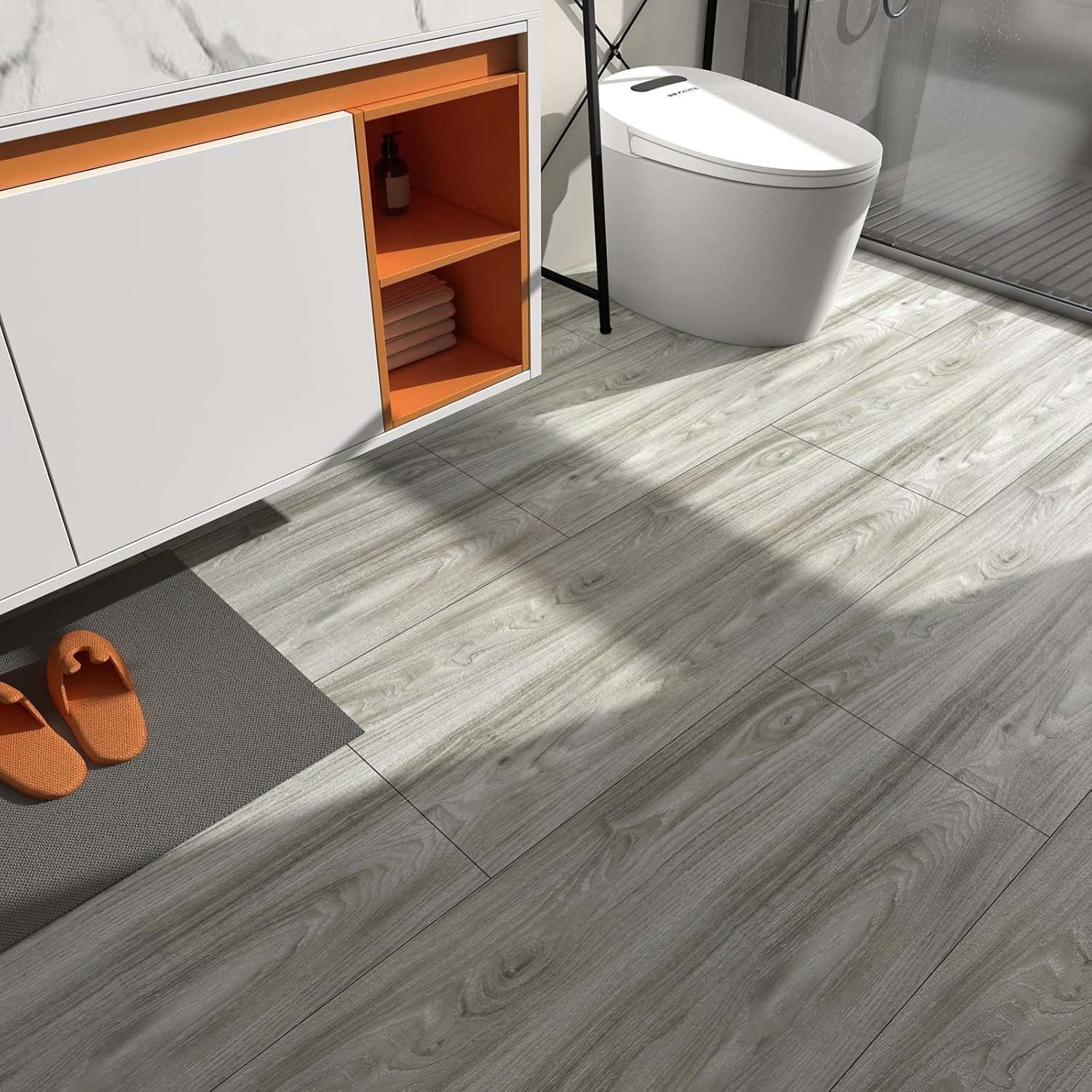 Yenhome Peel and Stick Vinyl Floor Tile Wood Look Grey Foam Peel and Stick Flooring Roll for Bathroom Bedroom Kitchen 15.7"X118" Wood Wall Panels for Walls Floor Tile Stickers Waterproof Removable
