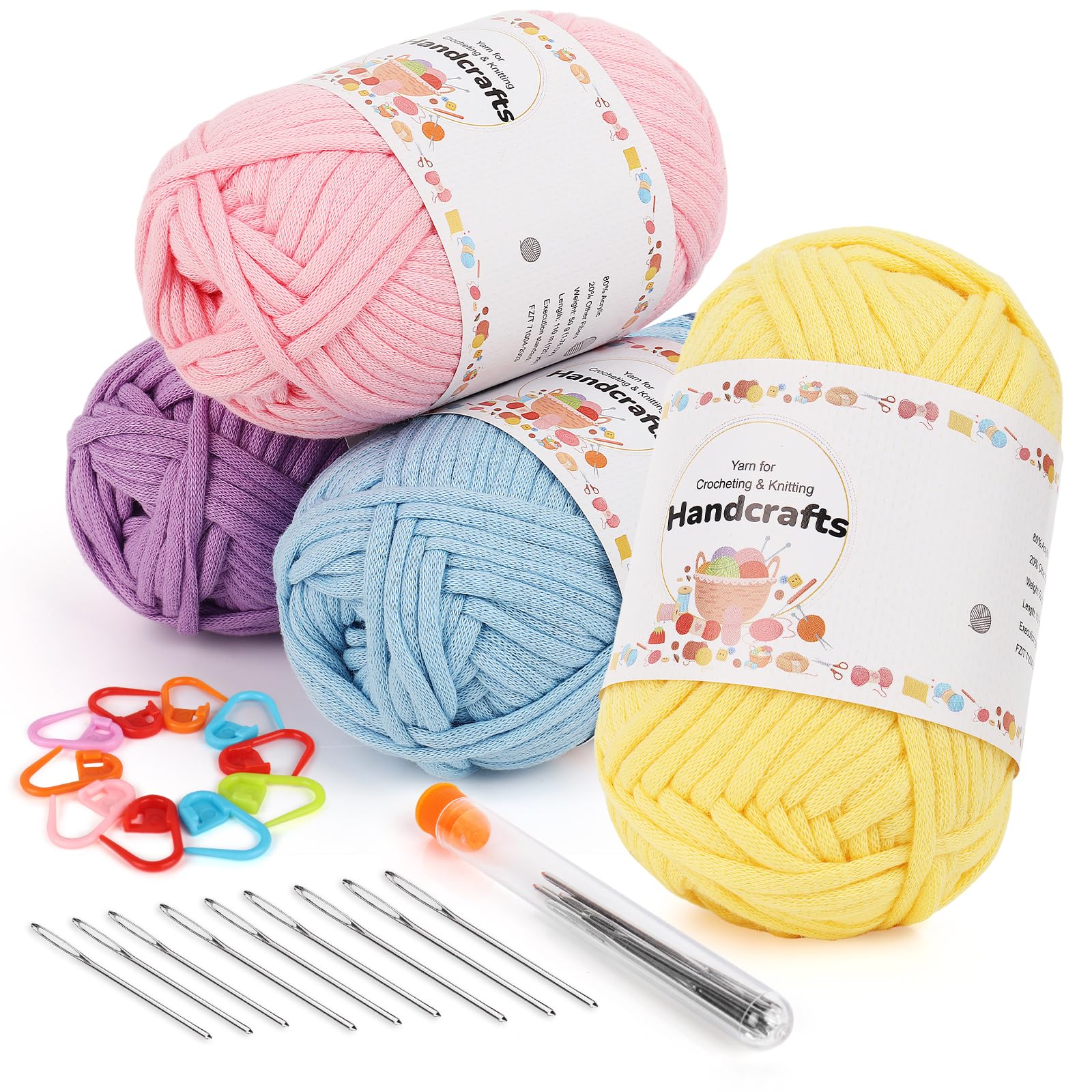 Aeelike 4X50g Dicke Garn Baumwollgarn zum Häkeln, Chunky Strickgarn für Anfänger, Kein Geteiltes Häkelgarn Baumwolle, Wolle zum Stricken mit gut Sichtbaren Maschen, Rosa + Lila + Blau + Gelb