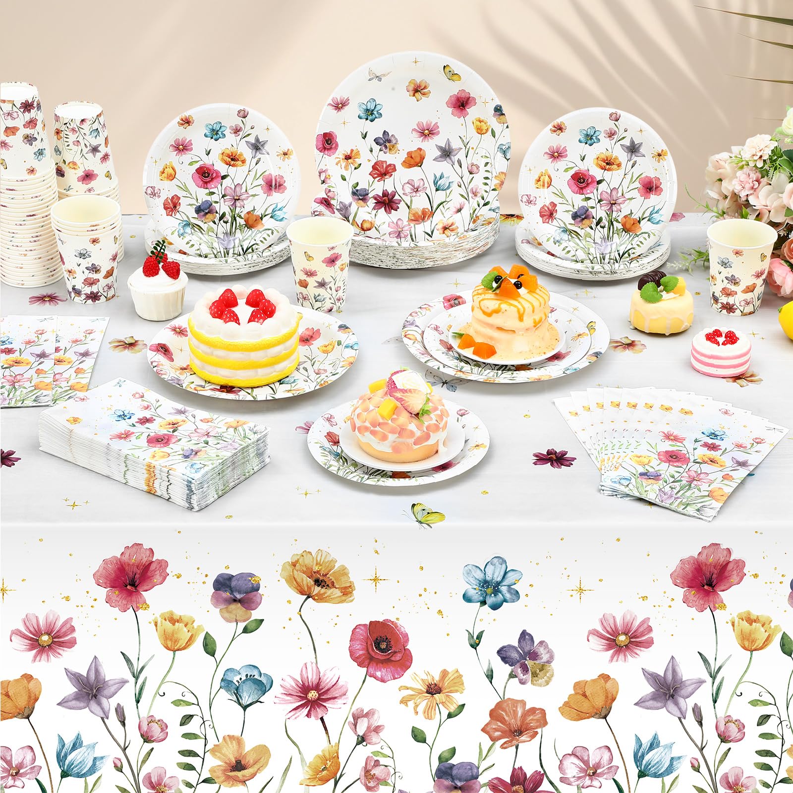 Layhit Widflower Partydekoration, Blumen-Pappteller, Servietten, Becher, Schmetterling, Wildblumen, Tischdecke für Frühling, Sommer, Geburtstag, Hochzeit, Party, 202 Stück (Widflower 5, bunt)