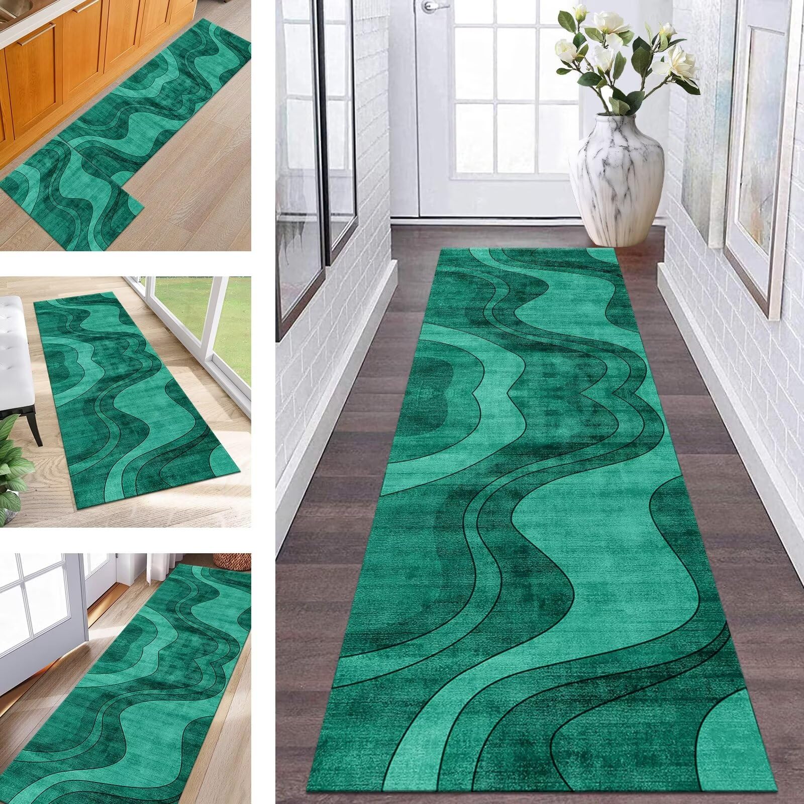 Tapis de couloir vert foncé 50x350 cm lavable et antidérapant