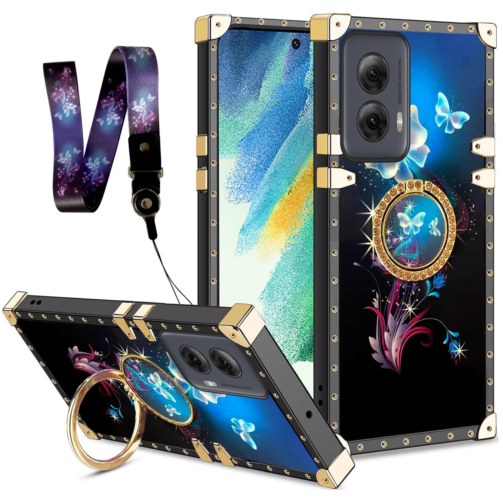 nancheng for Moto G Power 5G 2024 (XT2415V) Case Girls Women Butterfly Black Fantasy Case with Ring Kickstand Lanyard Drop Protector Cover for